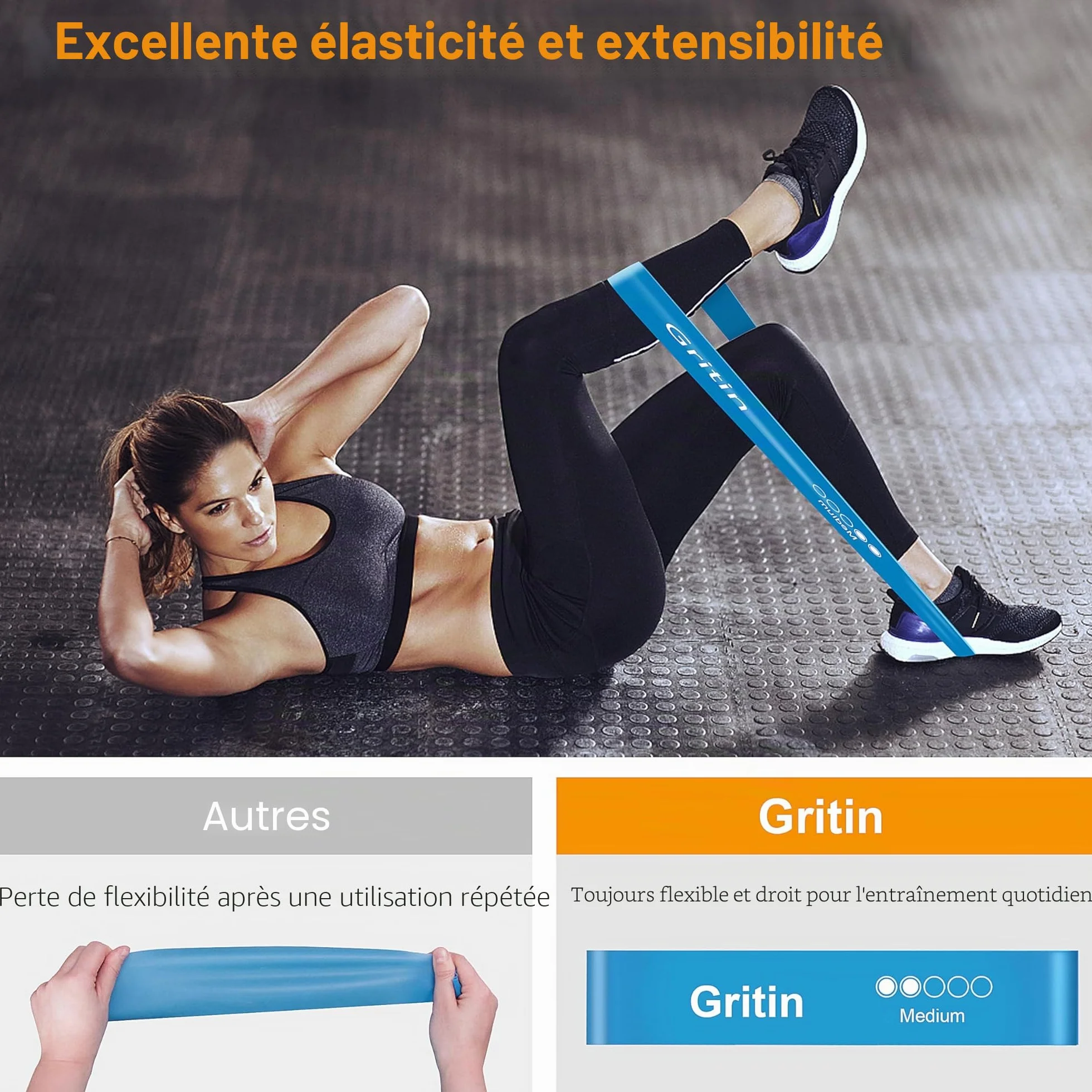 Gritin Lot de 5 Bandes Élastiques Fitness Résistance Latex Musculation Pilates Yoga 5 Niveaux Force avec Sac de Rangement