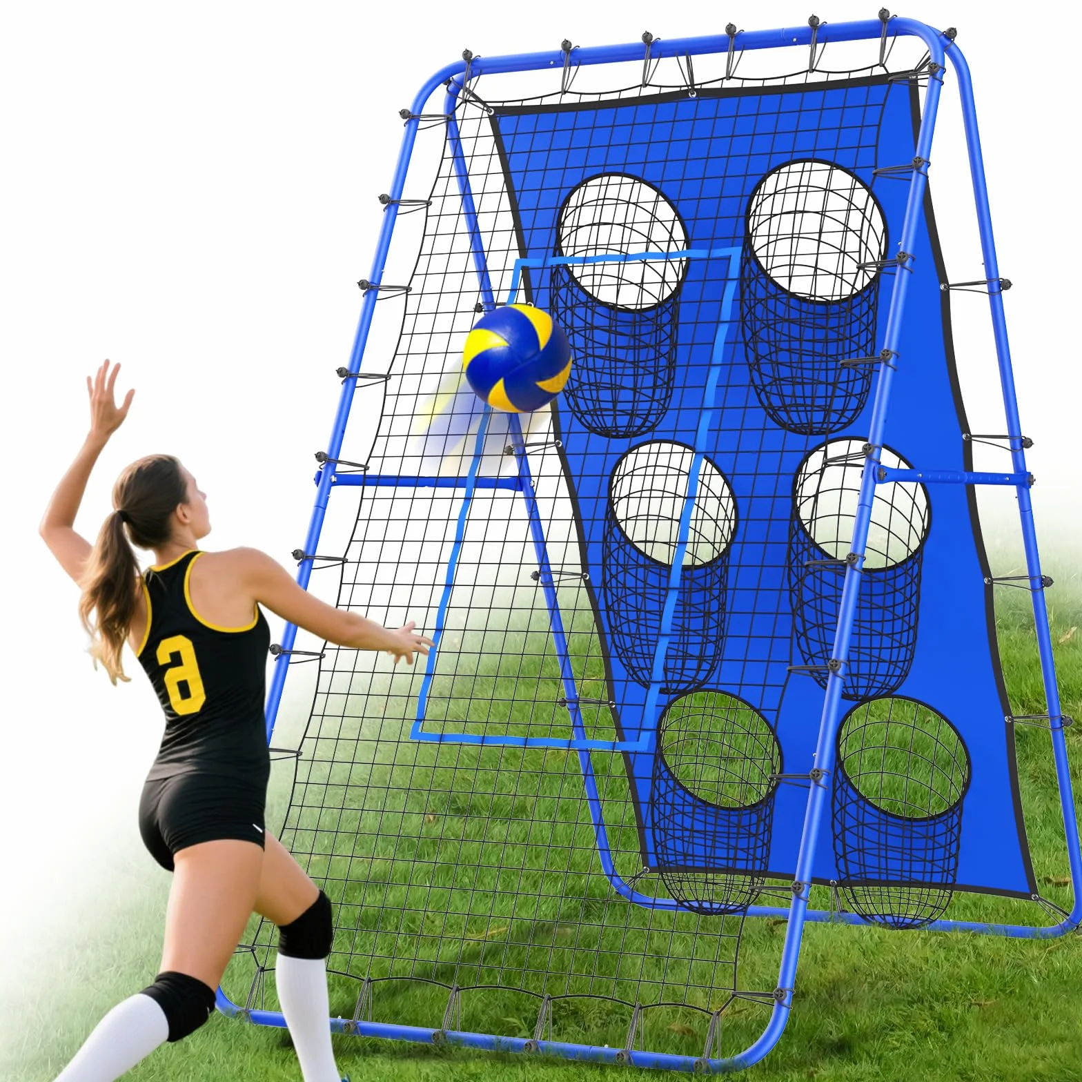 Filet de rebond volleyball 2,1 x 1,2 m réglable multi-angle avec piquets métalliques solides