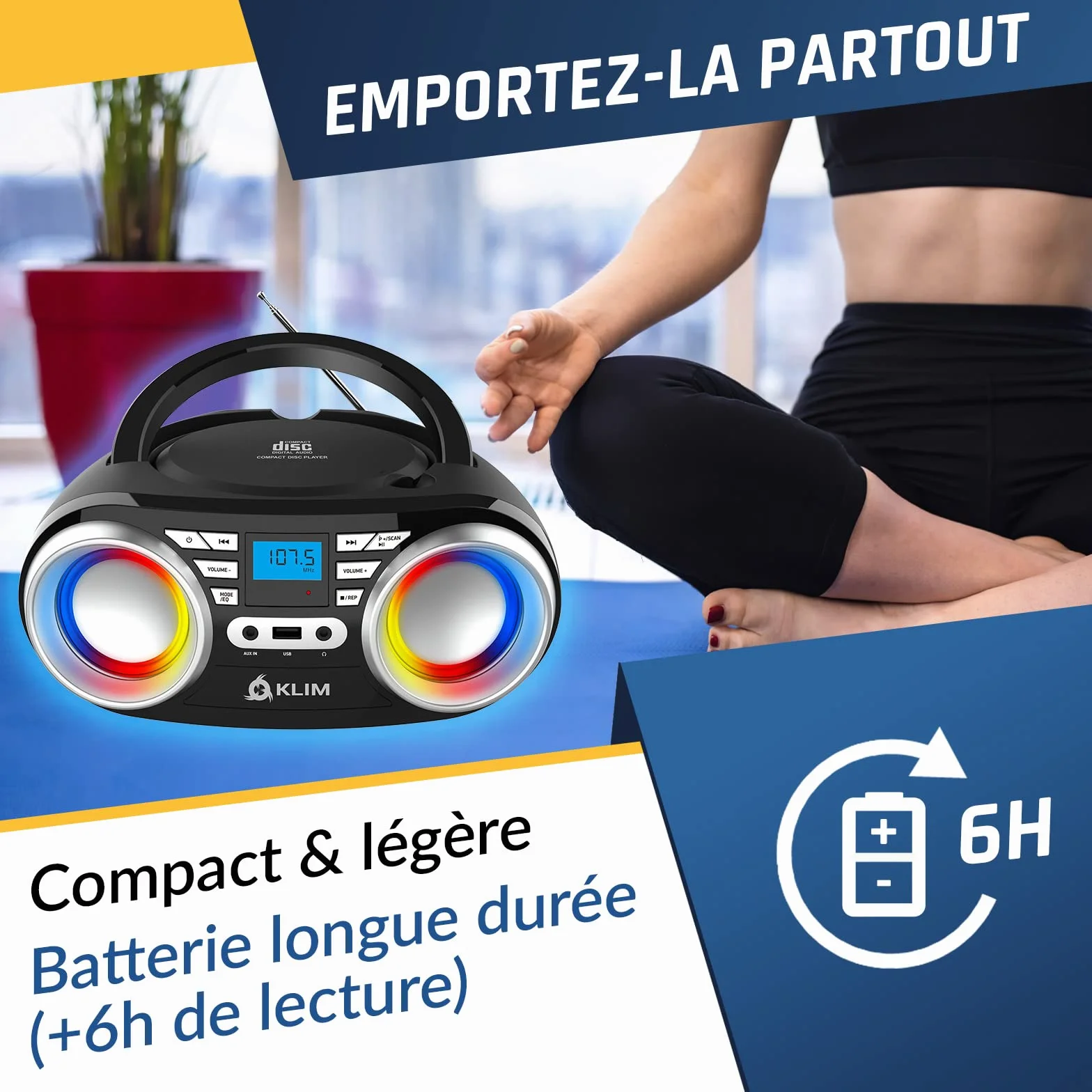 KLIM Boombox B3 - Poste Radio CD Portable - Nouveauté - Radio FM, CD, Bluetooth, USB, MP3 - CD Boombox - Mode Filaire et sans Fil avec Piles Rechargeables - Lentille Laser - Lecteur CD Portable