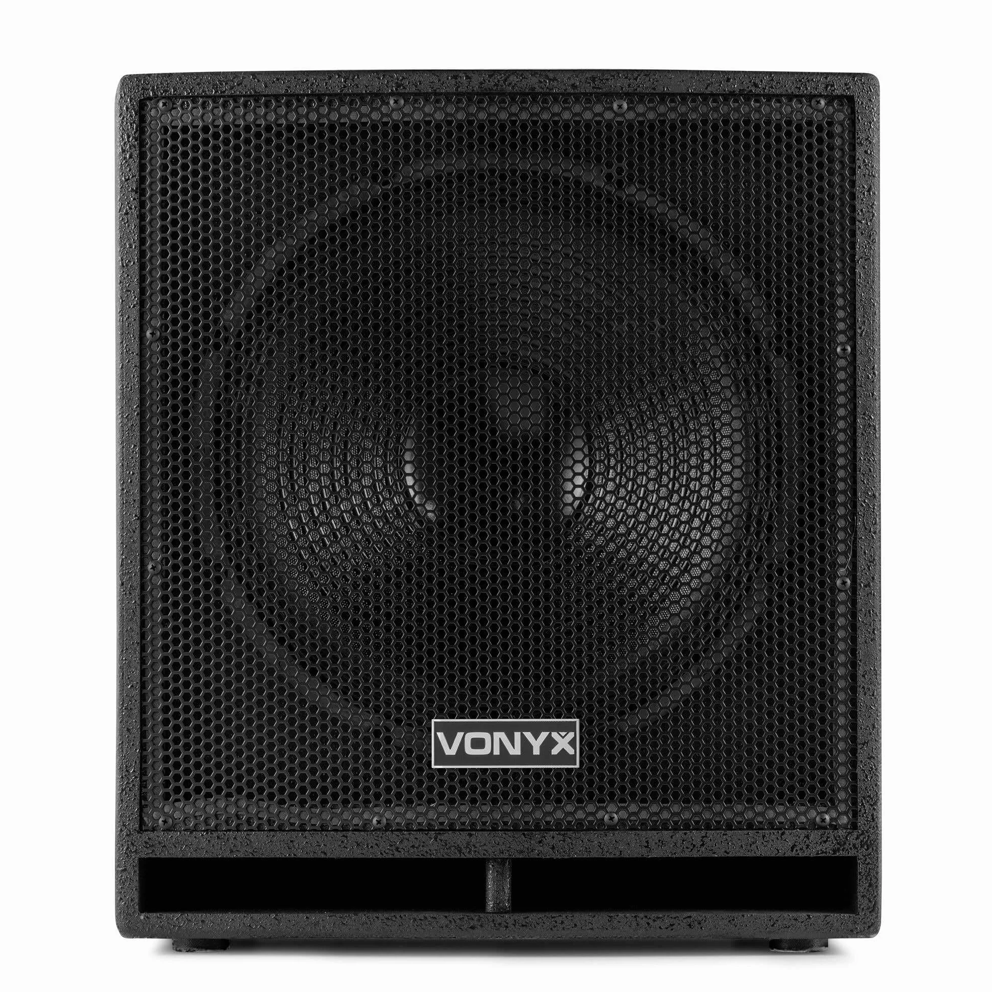 VONYX SWP15 Caisson de Basse Actif 800W, Phase Réglable, Entrée/Sortie XLR + RCA, Amplificateur Intégré, Insert sur la Face Supérieure pour Enceinte Active, Grave 15", Idéal pour DJ Mobile