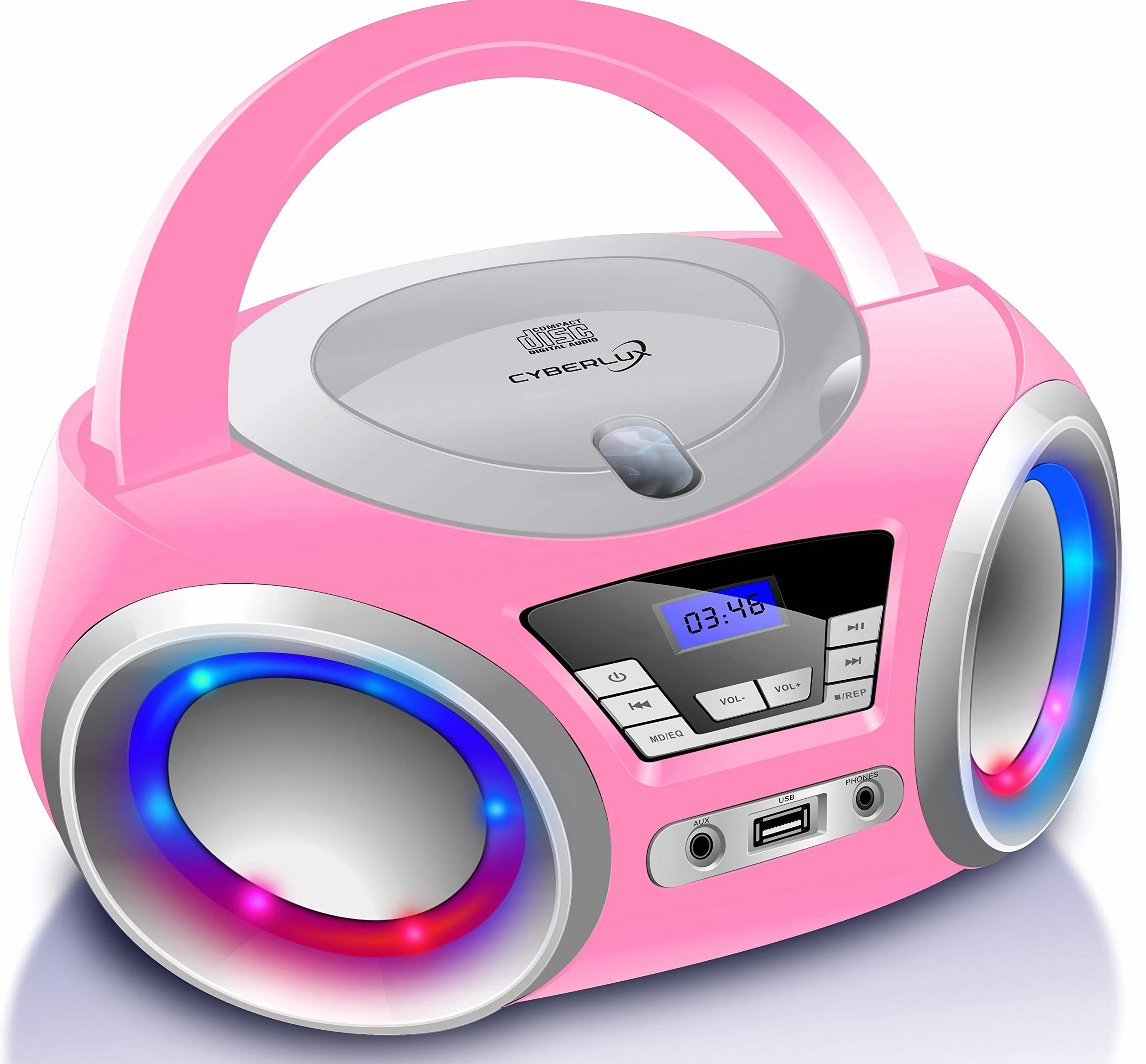 Lecteur CD portable avec radio FM, éclairage LED et USB, prise casque, Aux In - Pretty Kitty Pink