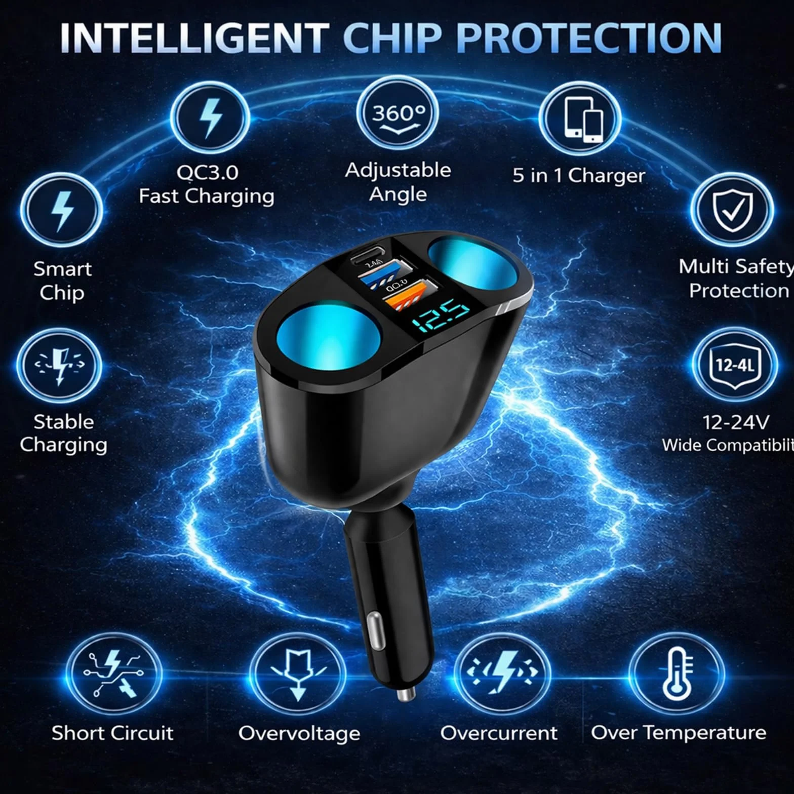 Double Prise Allume Cigare 12V, 120W Multiprise Allume Cigare QC3.0/PD/2.4A,Chargeur Voiture Allume Cigare USB avec Voltmètre LED Charge Rapide pour Téléphone GPS Caméra