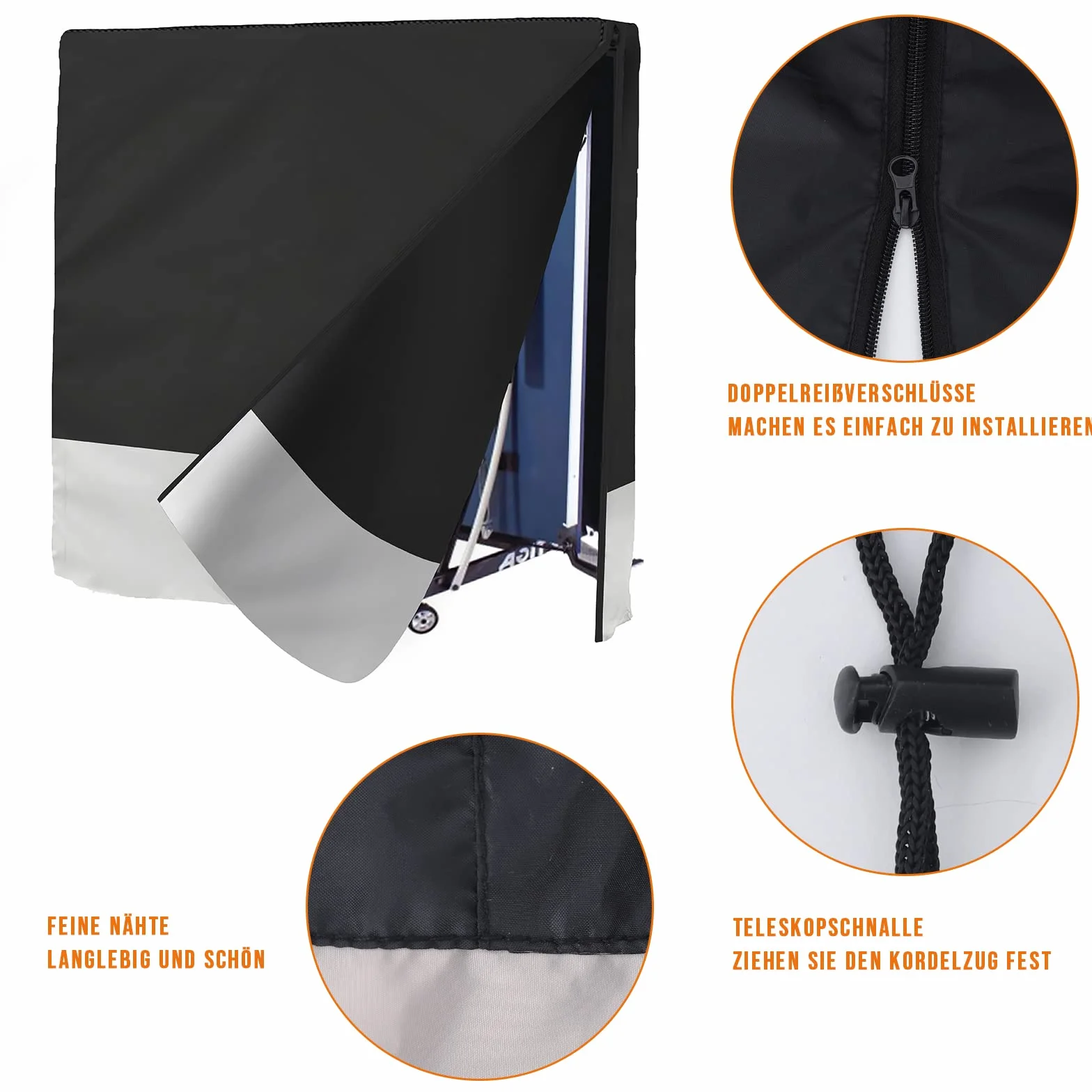 Housse de protection imperméable Oxford pour table de ping-pong d'extérieur noir/blanc 165 x 85 x 165 cm