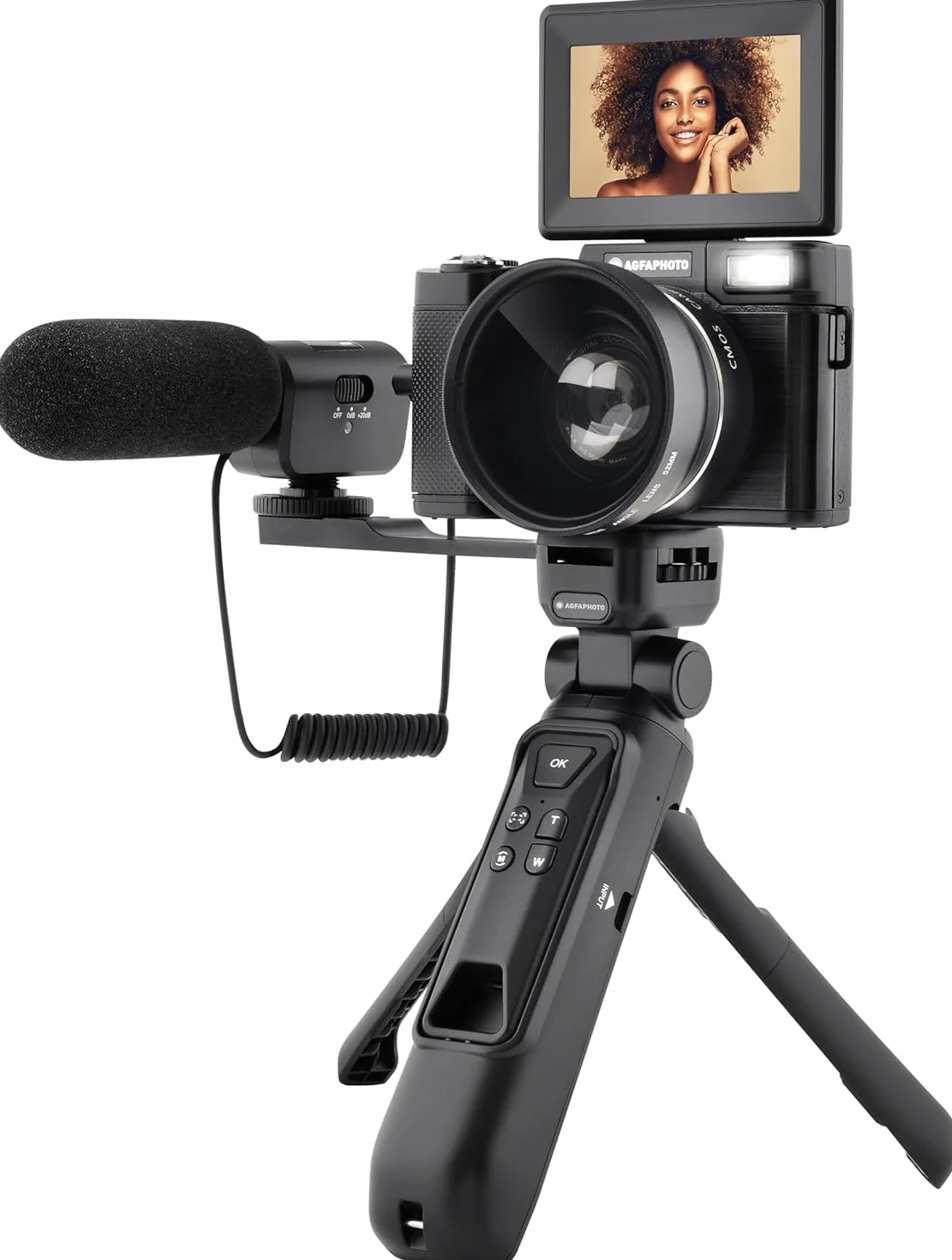 AgfaPhoto Realishot VLG-4K Kit Vlogging - Caméra 24MP, Vidéo 4K, Ecran LCD 3'', Zoom Numérique 16X, Capteur CMOS, Batterie Lithium - Noir