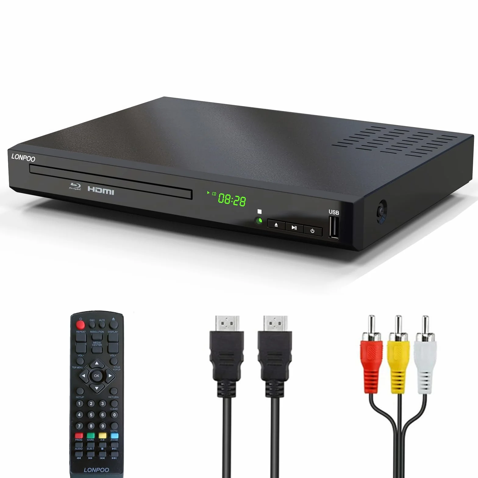 Lecteur Blu-Ray DVD pour Téléviseur - 1080P HD DVD Lecteur Bluray avec Sortie HDMI/Coaxiale/RCA (câble HDMI et AV Inclus), Entrée USB, Bluray Région B/2, Télécommande (LP-100)
