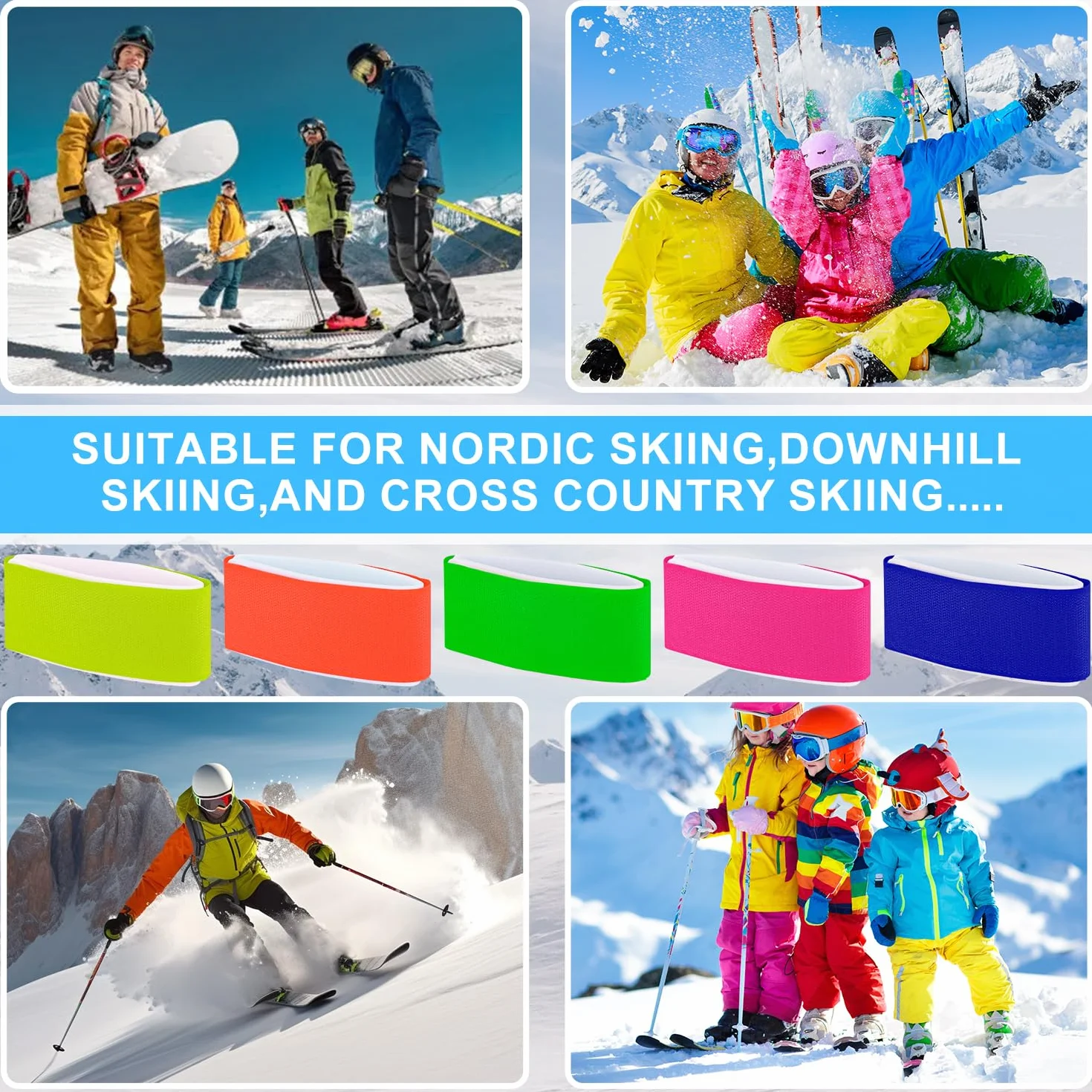 Sangles de Ski réglables 10 pièces, Attaches EVA, Ruban de Fixation (Bleu, Rose, Rouge, Orange, Jaune, Vert)