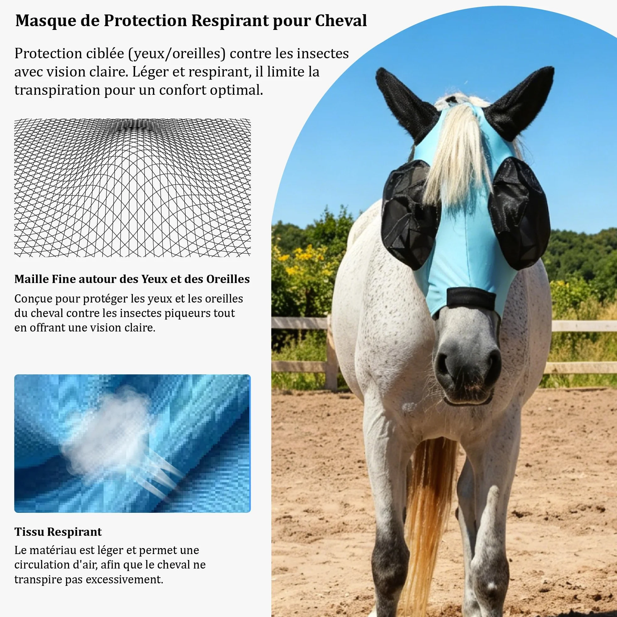 Masque Anti-Mouches pour Chevaux avec Oreilles, Protection UV, Respirant, Grands Yeux - Bleu Lac (Medium)