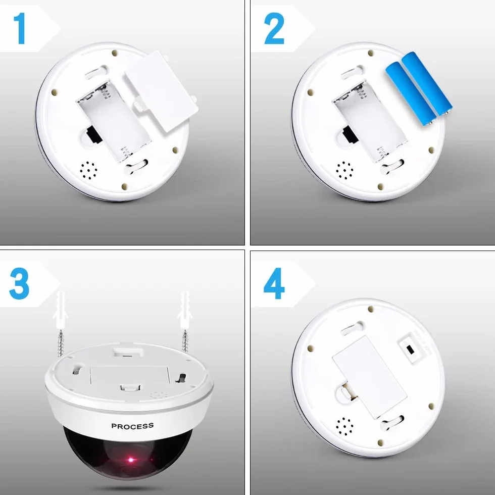ERWEY Lot de 2 Caméras Factices Extérieur & Intérieur, Fausse Caméra de Surveillance Dôme avec Lumière LED Rouge Clignotante & Autocollants CCTV, pour Mur et Plafond (Blanc)