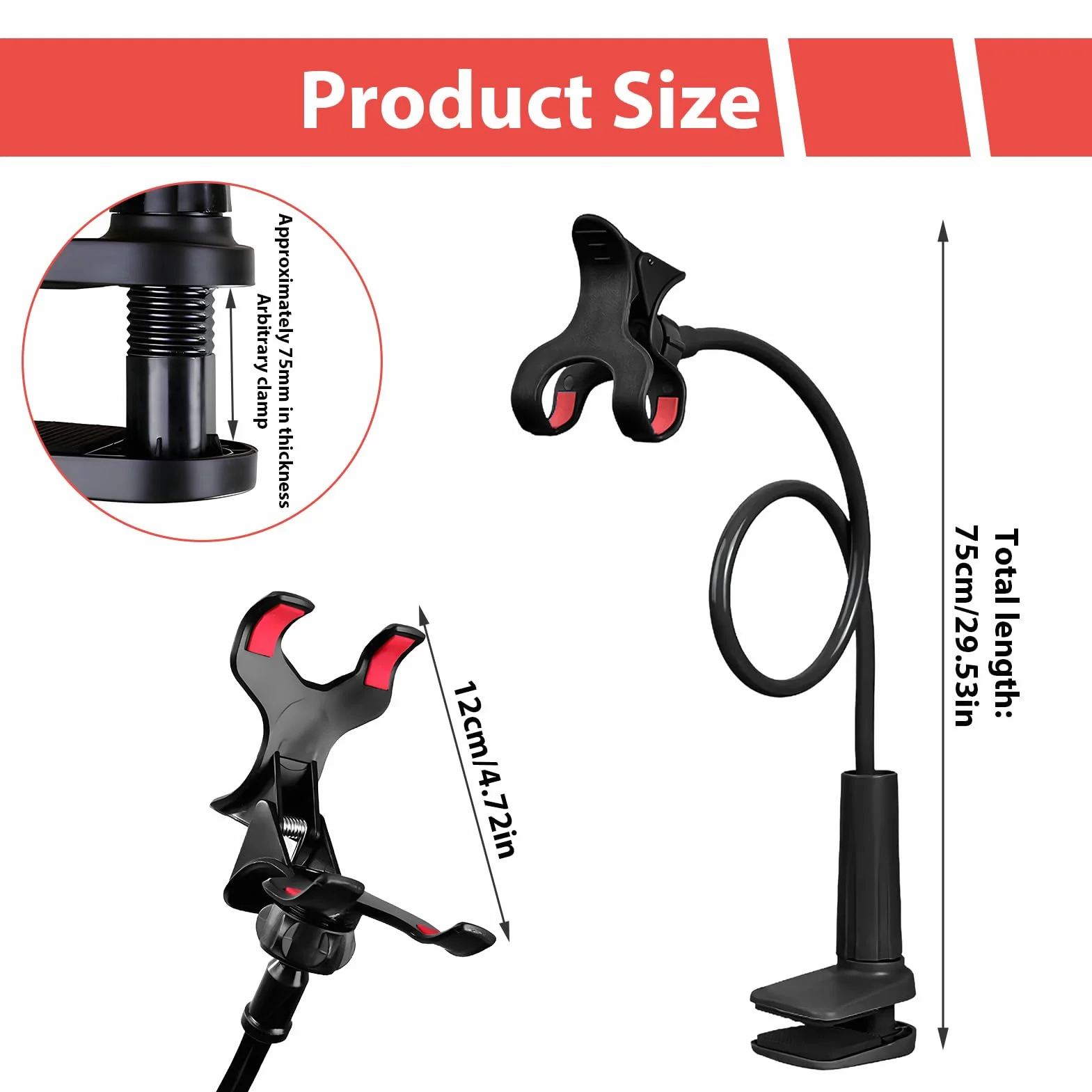 Support Telephone Lit, Support téléphone avec col de Cygne de - Réglable, avec bras télescopique flexible de 75 cm - Convient à tous les modèles - Convient pour les vidéos et regarder des films