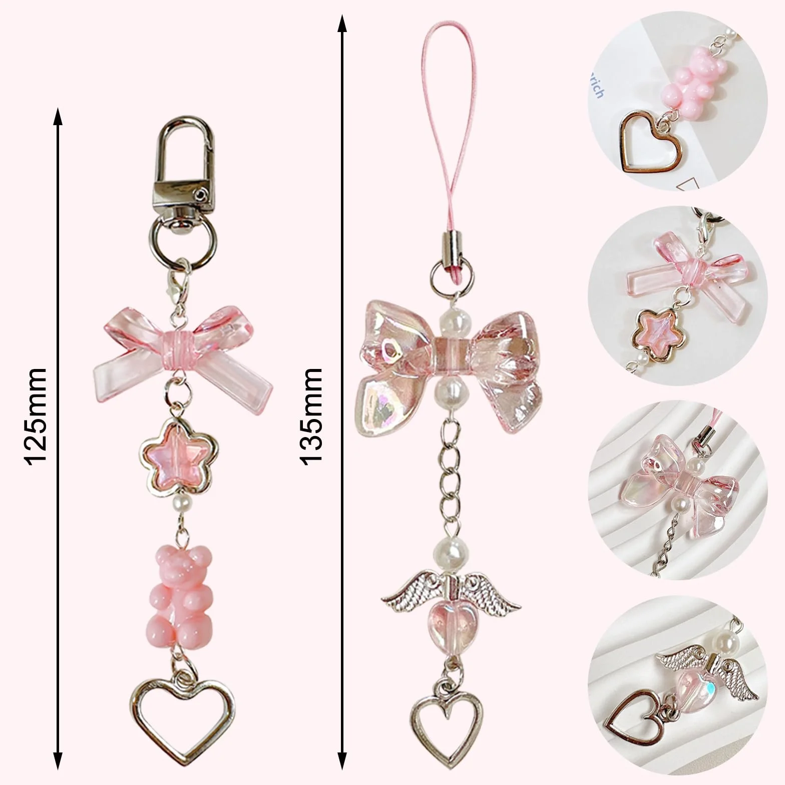 Pendentifs Y2K pour Téléphone Portable 6 Pcs, Kawaii Noeud Papillon Chaîne Anti-Perte