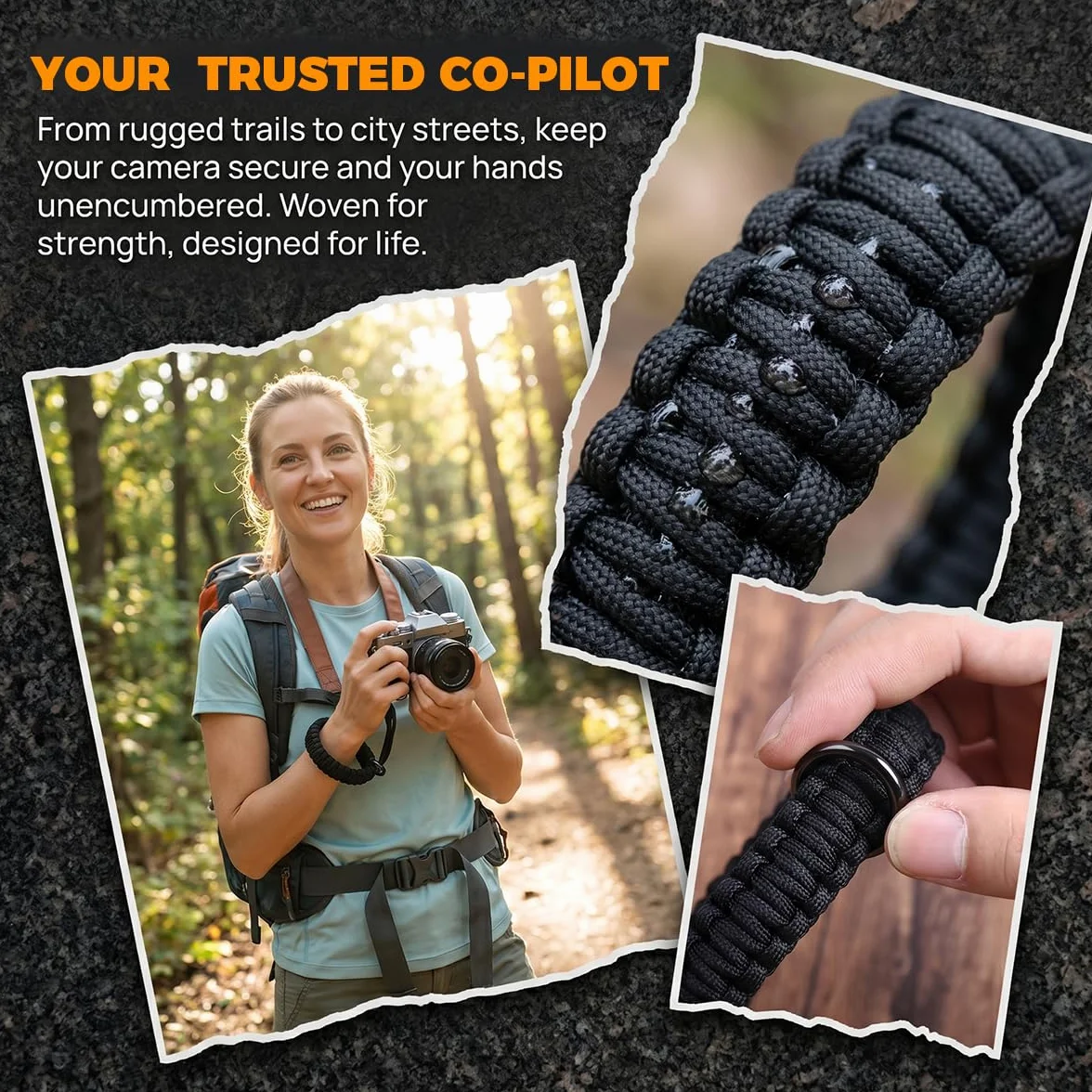 Dragonne Appareil Photo en Paracord 550, Noir Sangle de Poignet pour Appareil Photo, avec Anneaux en D, Compatible avec DSLR, Action Cam et Compact, Accessoire Sécurisé pour Photographie en Plein Air