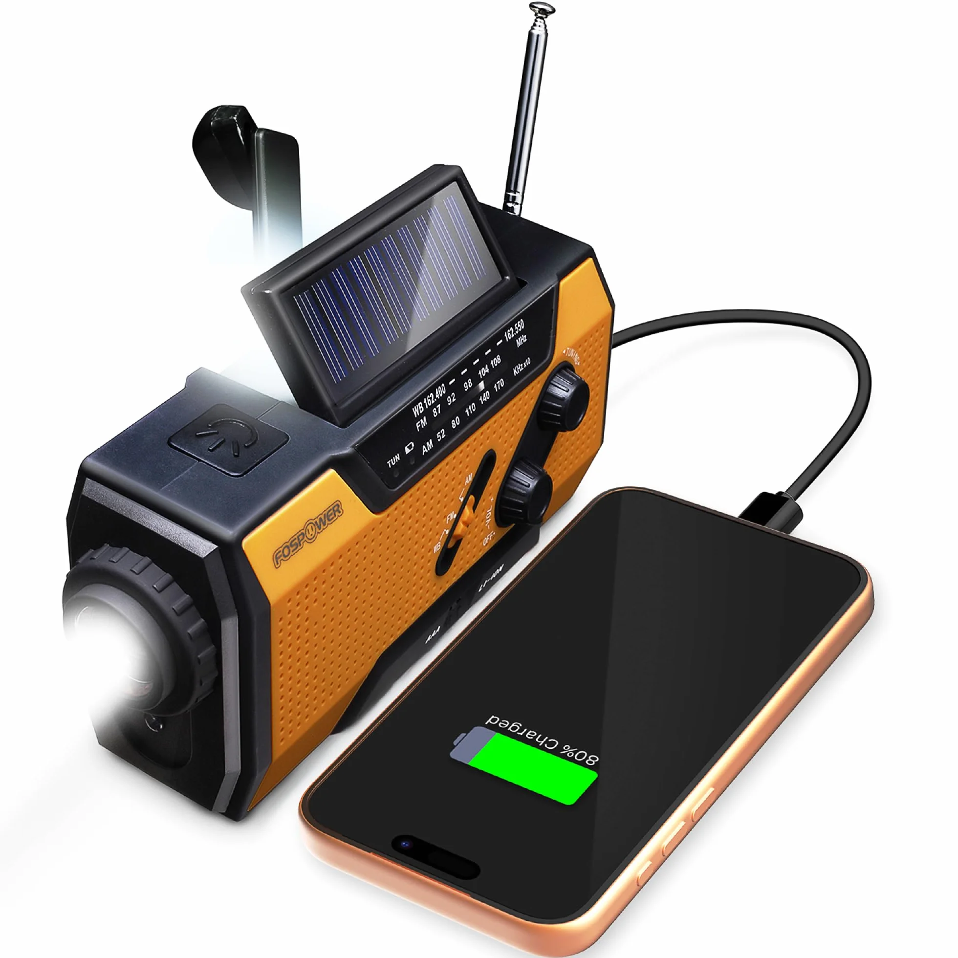 FosPower Radio Portable d'Urgence Météo 2000mAh Solaire Manivelle AM/FM Lampe LED SOS Recharge Téléphone