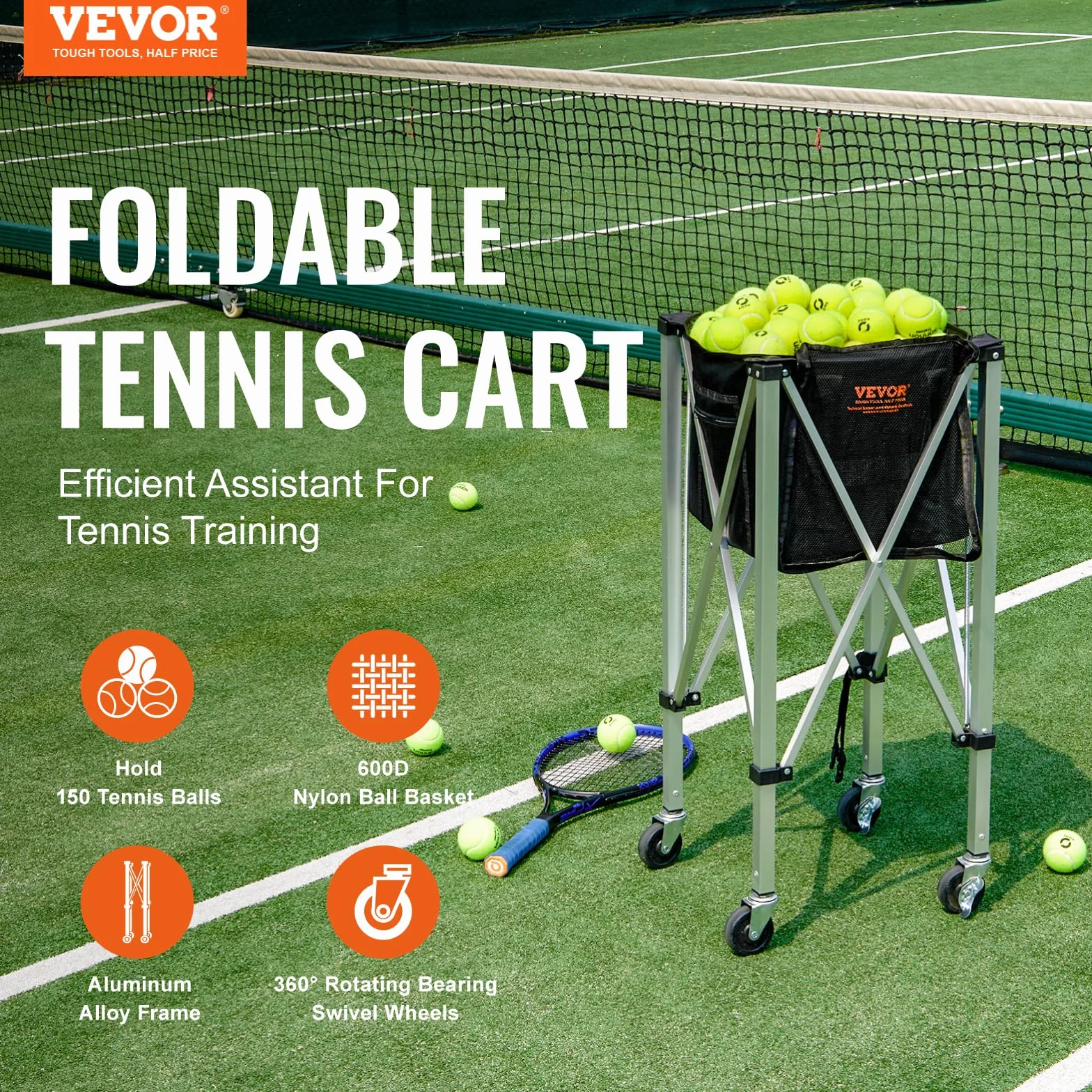 VEVOR Panier à Balle de Tennis Pliable 150 balles Chariot Alliage d'aluminium
