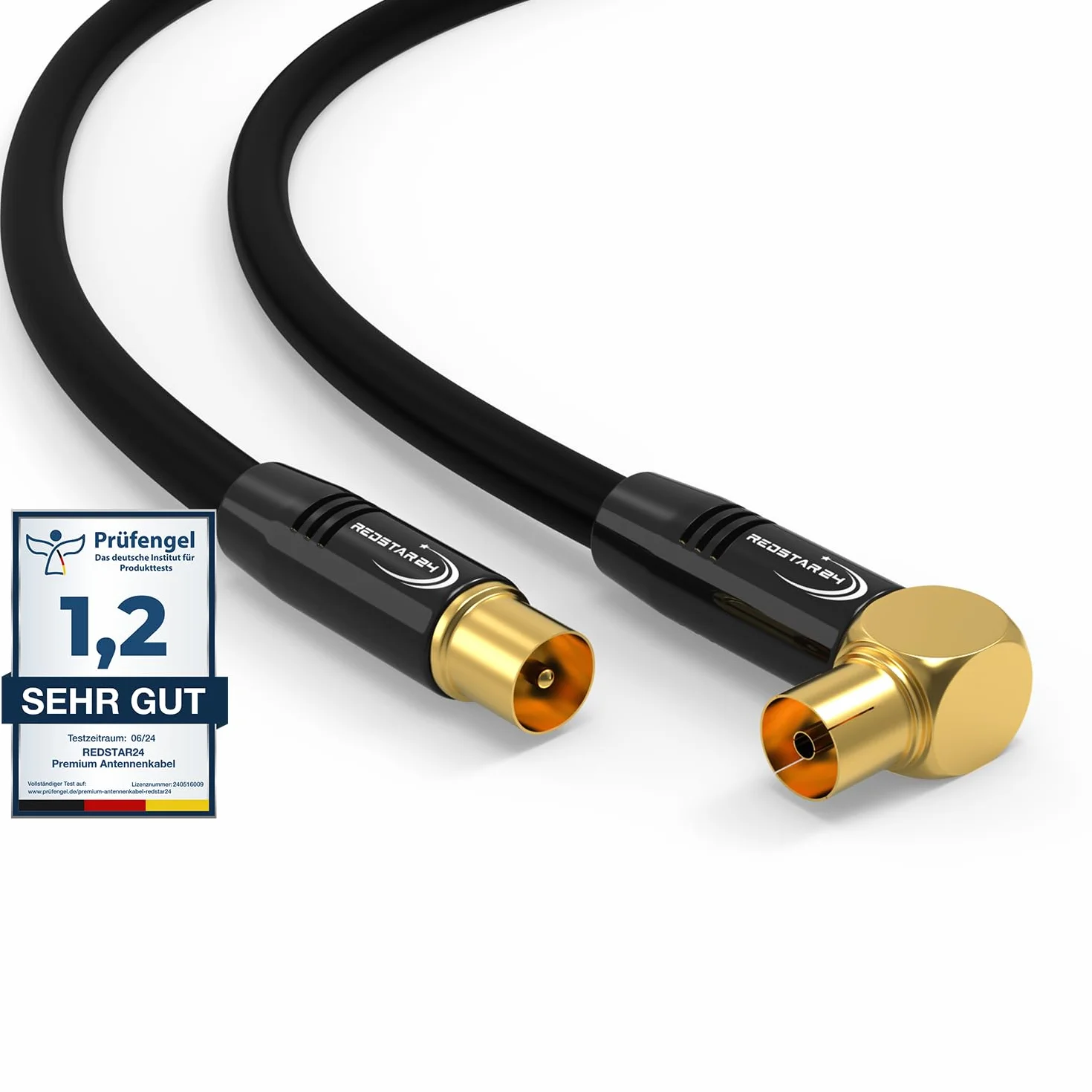 RedStar24 Câble d'Antenne 1,5m Noir - Mâle à Femelle 90° Coudé Coaxial - HDTV Premium pour Télévision par Câble | Compatible avec TV, Radio, DVB-T/T2, DVB-C, DAB