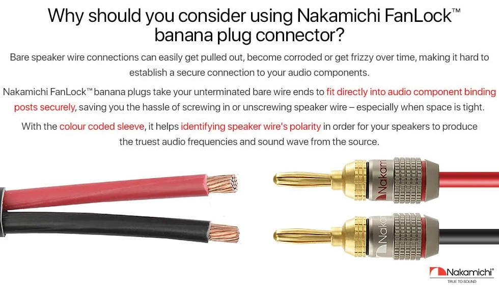 Nakamichi FanLock Fiche banane plaquée or 24K 10 AWG - 18 AWG Calibre 4 mm pour haut-parleurs Amplificateur Hi-Fi, 10 pièces (5 paires)