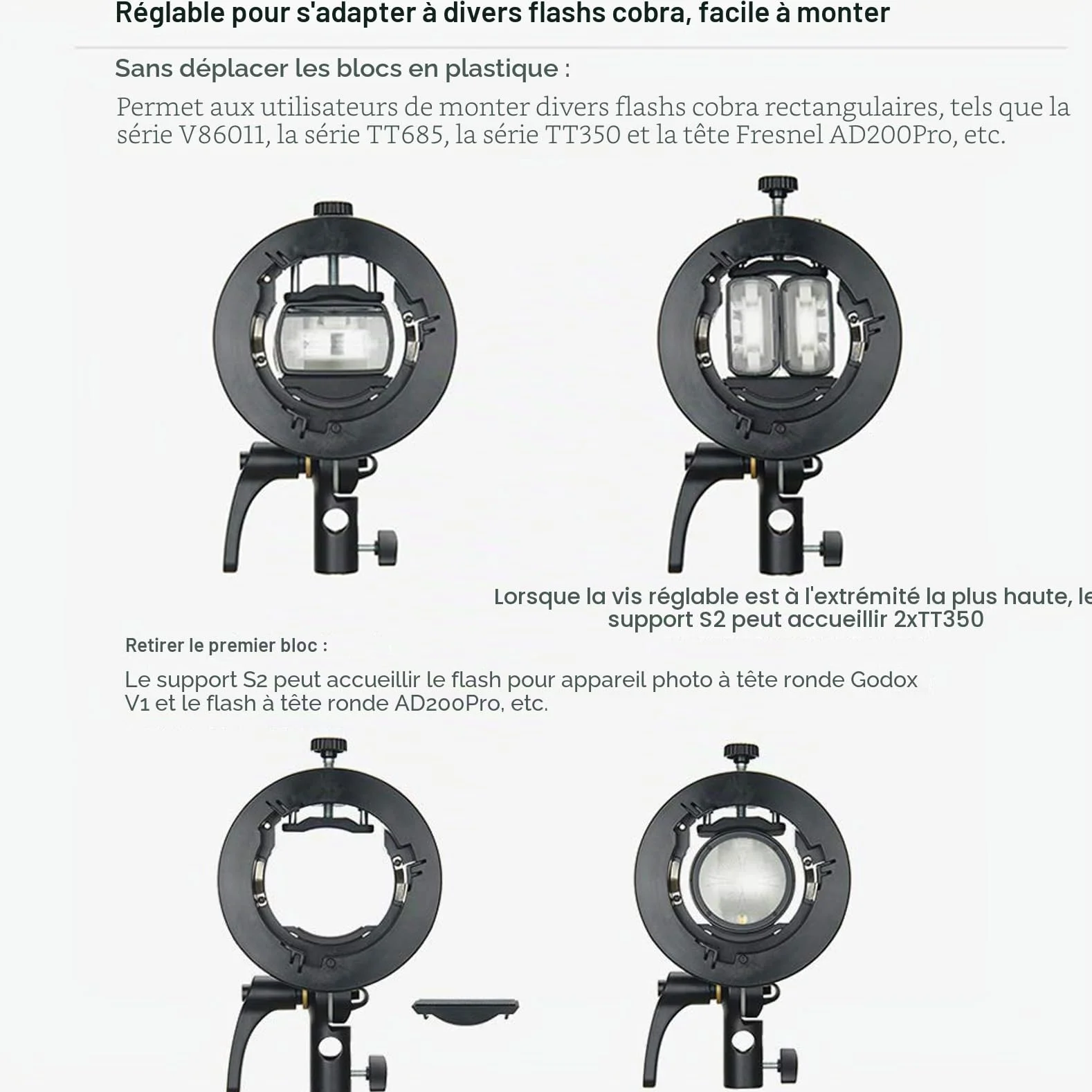 Godox S2 Bowens Support de Flash pour Godox AD200ProII AD400Pro AD300Pro AD300ProII, V1 V1Pro V100 Série, V860II, V860III, TT685II, TT350, TT600, Grande Poignée, Contrôle Précis de l'inclinaison