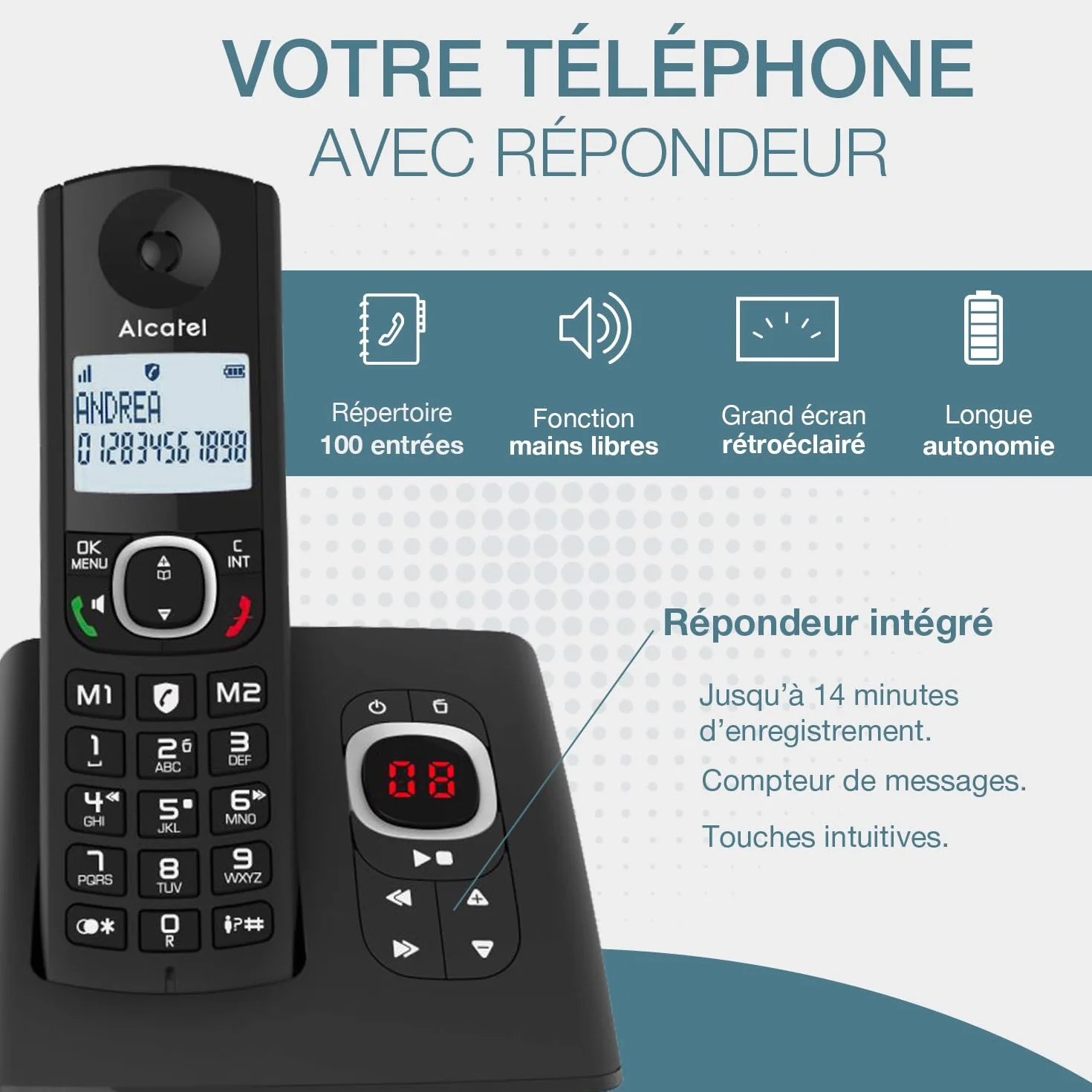 ALCATEL F530 Voice Duo Téléphone Fixe Sans Fil DECT Avec Répondeur Noir