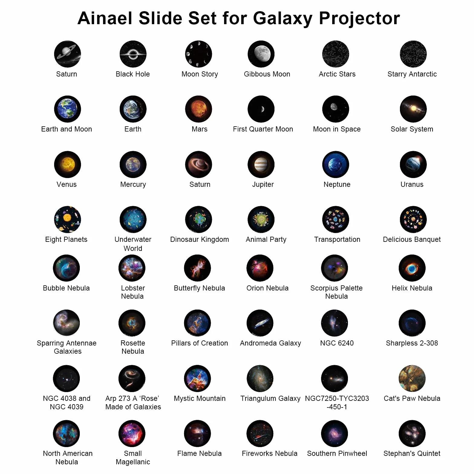 Galaxy Disque pour projecteur – Diapositive Ultra HD Compatible avec Le projecteur Ainael Galaxy et Les modèles SKE-TKQ01 & BL-DQY02 (Pro Version) – Lot de 6 disques (Kid)