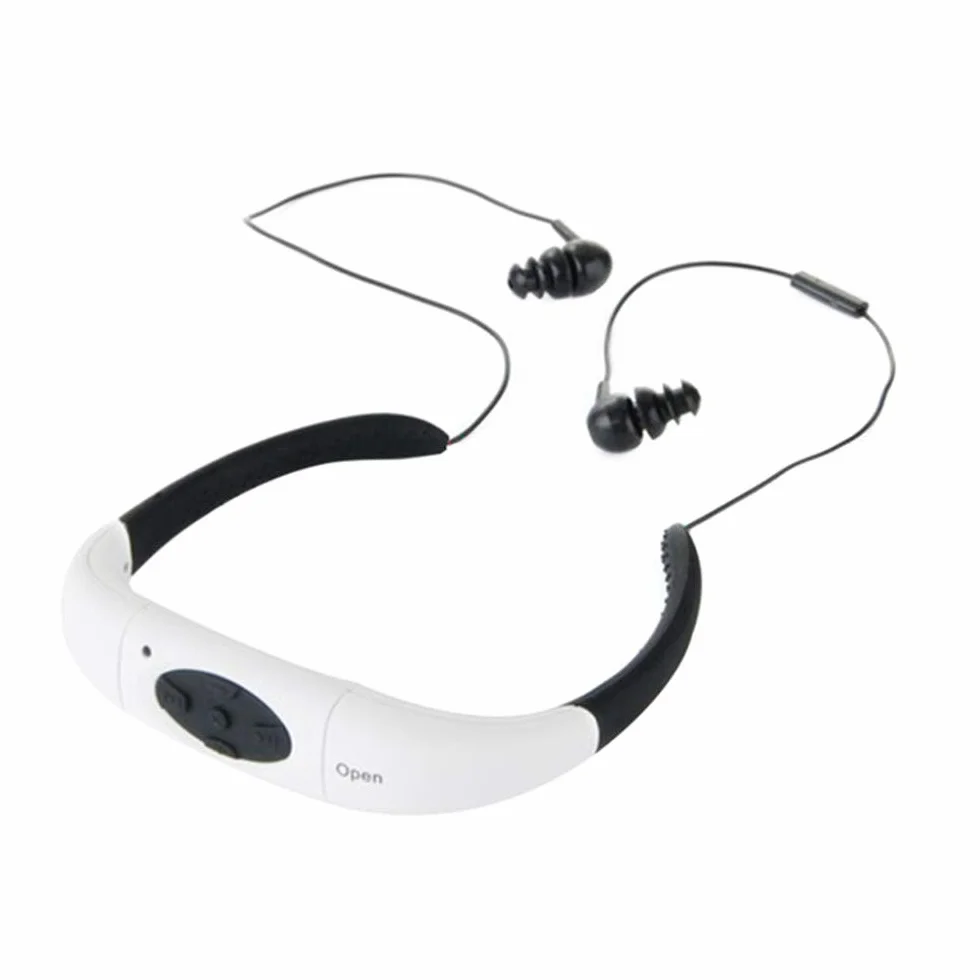 Suney Lecteur MP3 étanche Casque audio sans fil 8 Go HiFi pour natation et course à pied 6 à 8 heures Lecteur MP3 étanche pour surf, natation, sport, course à pied Waterproof Bluetooth blanc