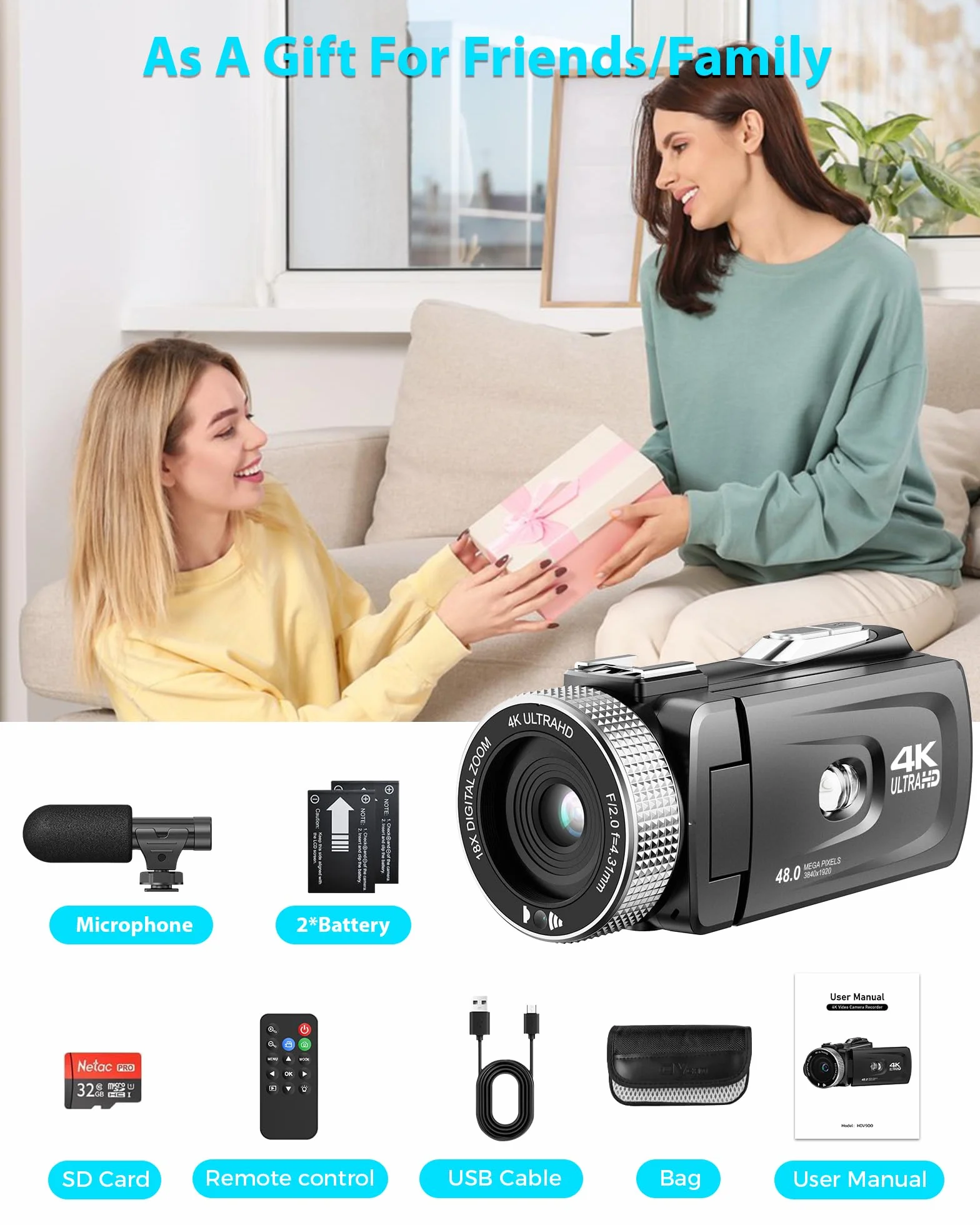 Caméscope 4K 48MP Caméra Vidéo Zoom 18X Écran Rotatif 3" 270° avec Carte 32 Go 2 Batteries