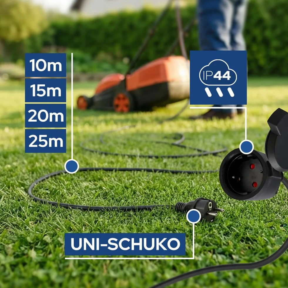 Rallonge Électrique Extérieure 10m IP44 3×1,5 mm² 2000W Noir - Câble Prolongateur Étanche avec Fiche Uni-Schuko et Prise Type F avec Clapet - Rallonge pour Tondeuse, Jardin, Chantier - Horoz Electric
