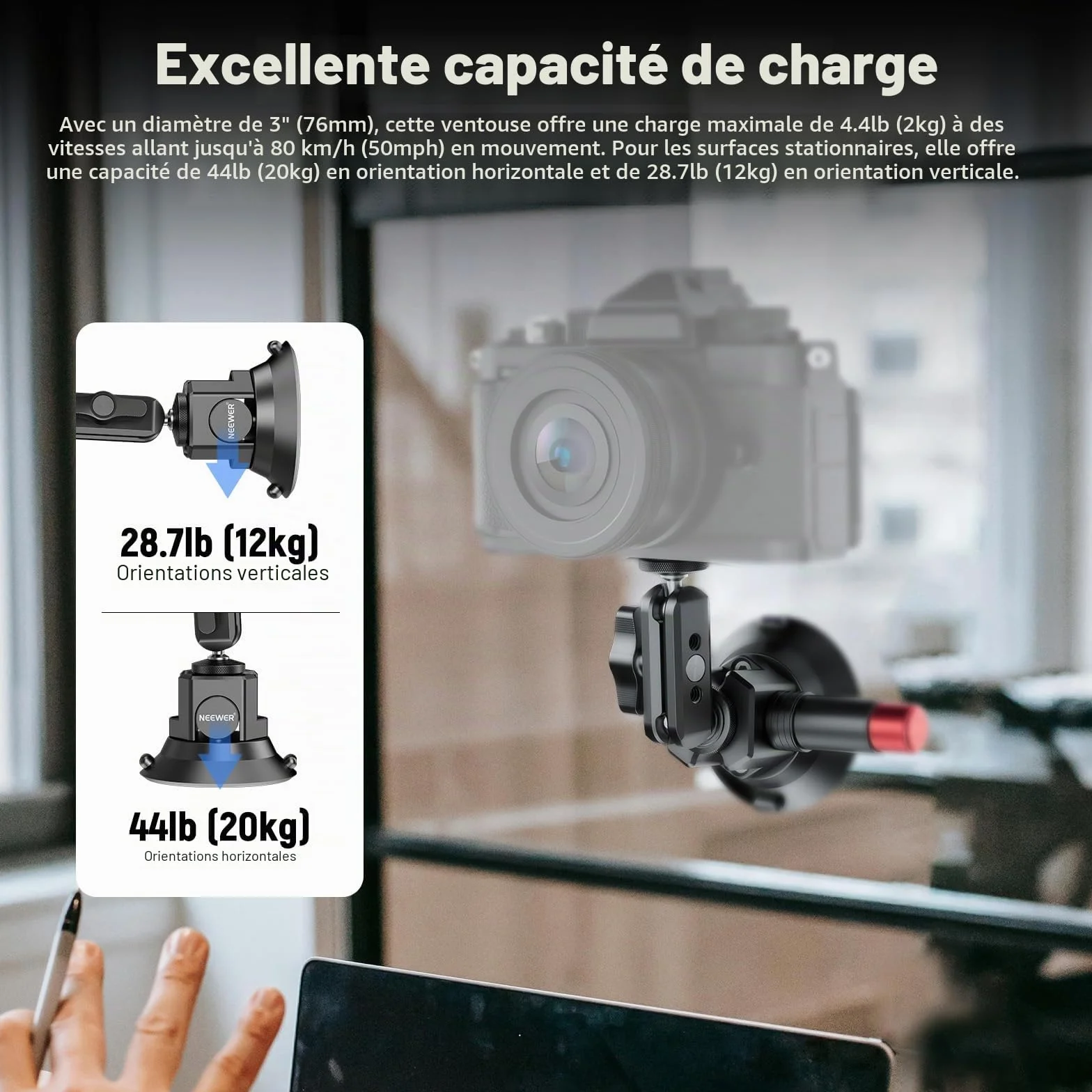 NEEWER Support Caméra Ventouse 3",Compatible avec Arri 1/4" Trous, Support de Voiture Quick Release+ de Téléphone, Adaptateur Action Cam Compatible avec iPhone GoPro DJI Insta360, CA104