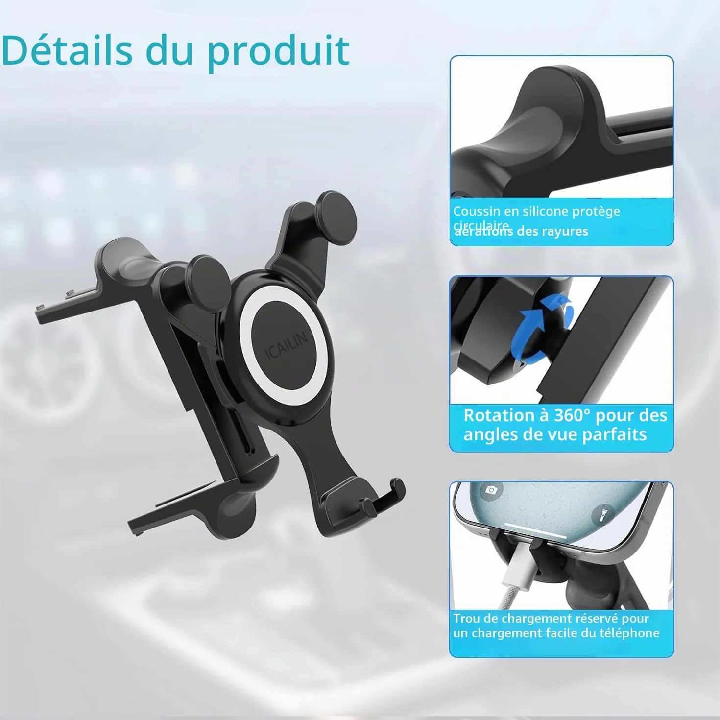 ICAILIN Support Telephone Voiture, Support à Grille d'Aération avec Rotation Support téléphone Voiture Mercedes