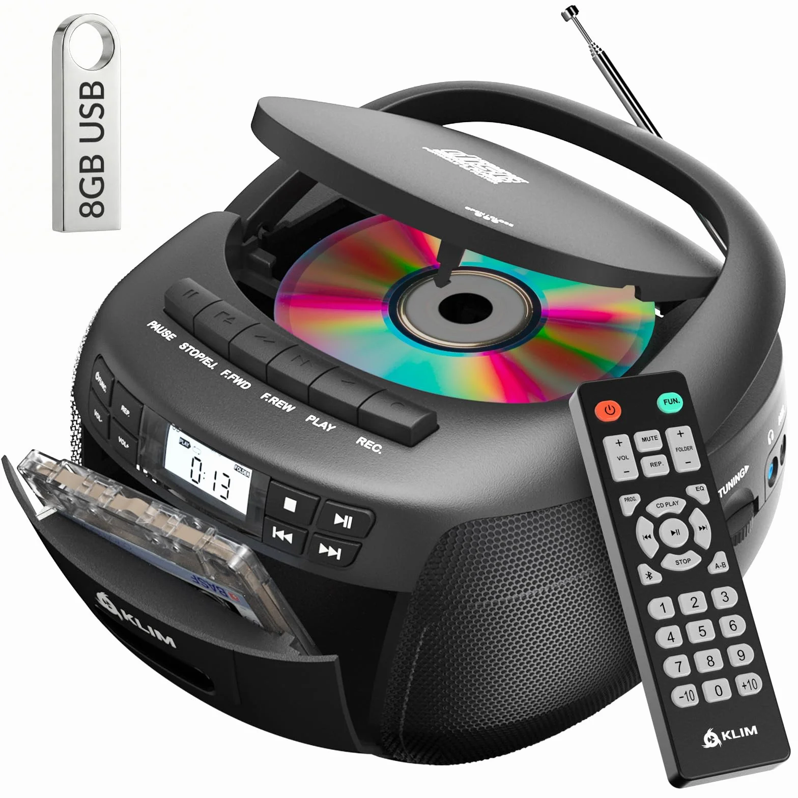 KLIM Lecteur CD & Lecteur Cassette Audio avec USB, AM/FM Poste Radio CD, Lecteur CD Bluetooth, Son Stéréo, Télécommande, Enregistrement de Cassettes, AUX, Radio Cassette CD