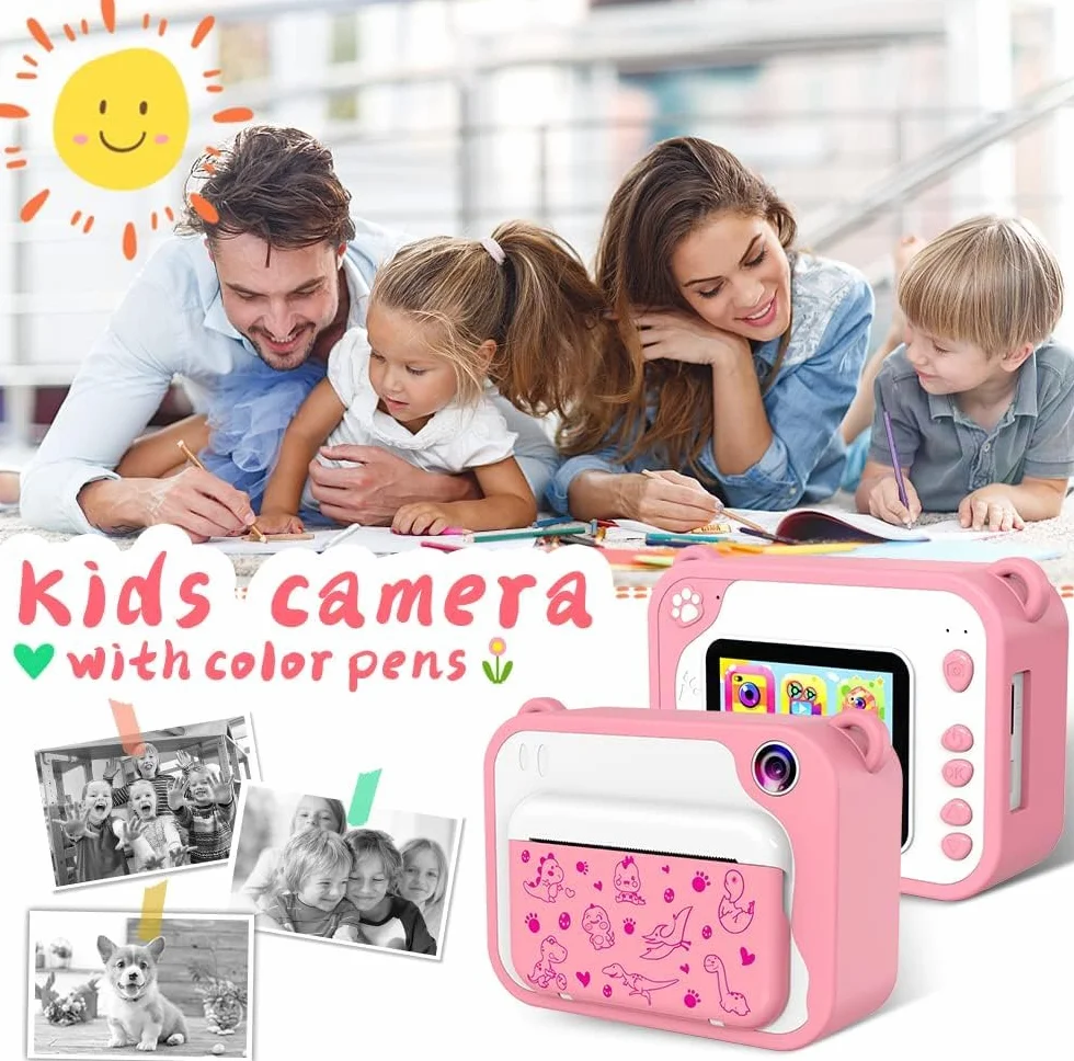Caméra Enfants Appareil Photo Enfants à Impression Instantanée 2,4'' 1080P écran Appareil Photo Numérique pour Enfants 32GB SD Carte, Stylo 5 Couleurs Cadeaux pour Garçon et Fille Rose
