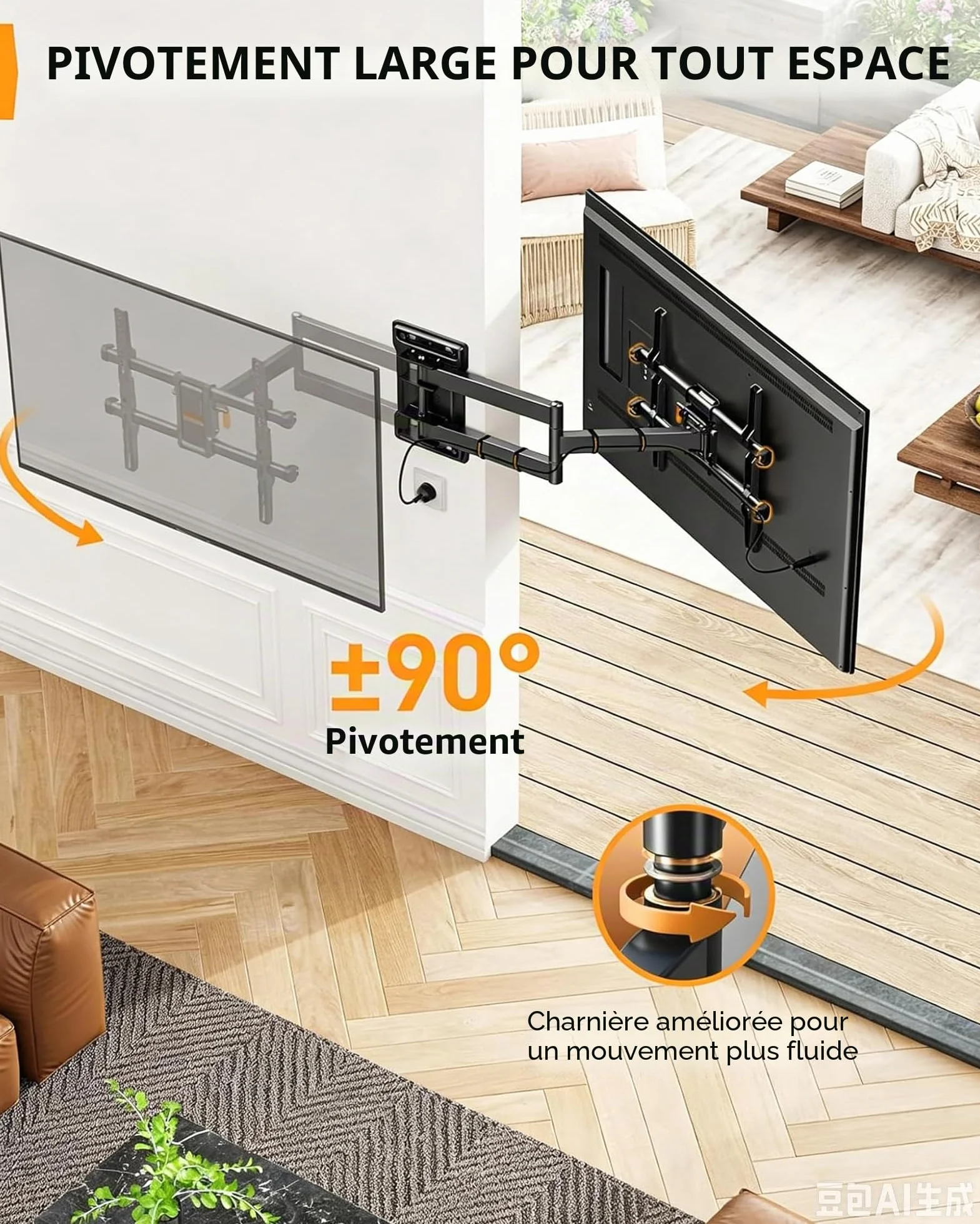 Perlegear Support Mural TV à Bras Long, Support TV à Mouvement Complet pour Téléviseurs de 32-65″, Capacité de Charge de 60 kg, Support TV d'angle avec Pivotement de ±90°, VESA Max 400x400mm, PGMF24B