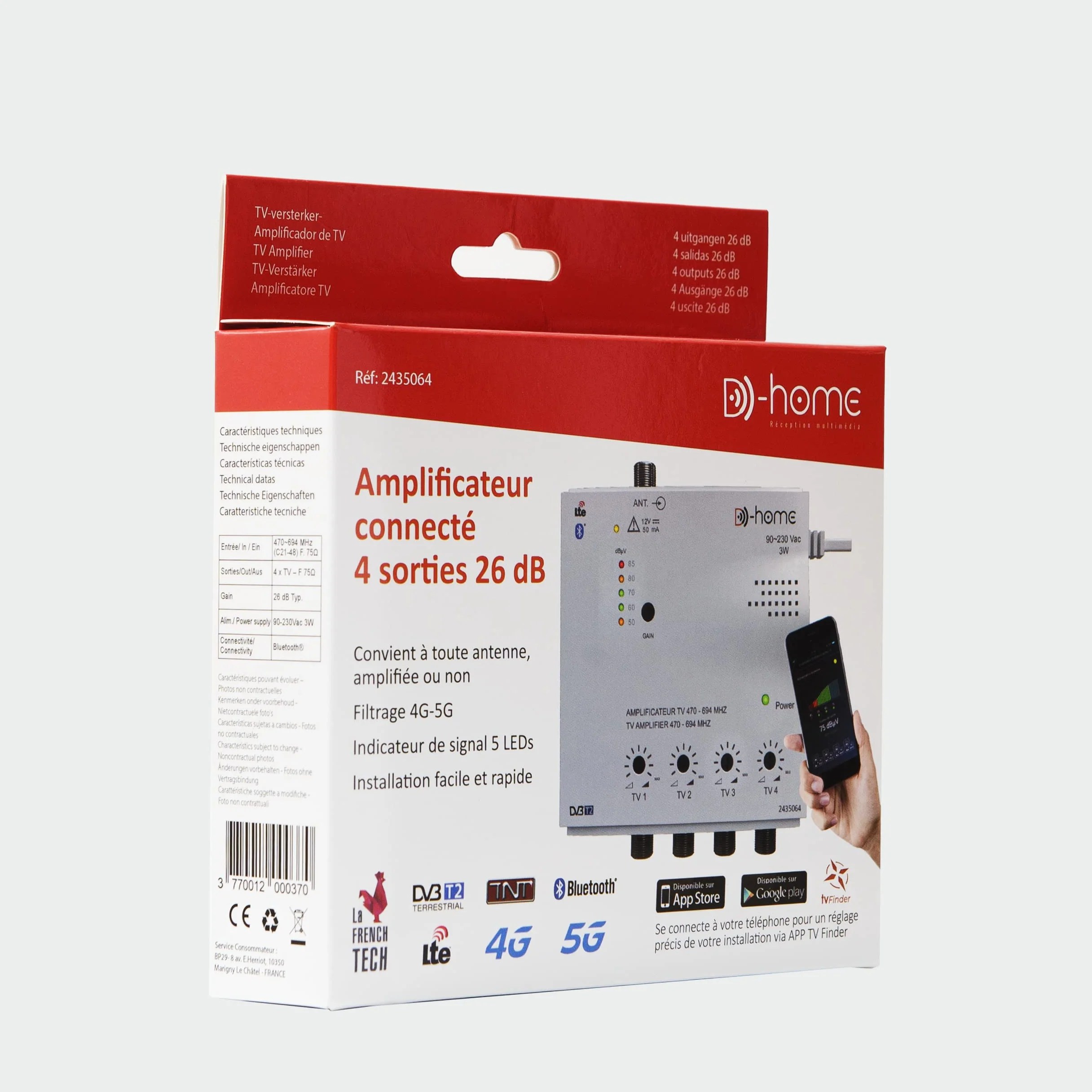 Amplificateur TV TNT Intérieur 4 Sorties 26dB Connecté Filtré 4G-5G avec App Mobile TV Finder