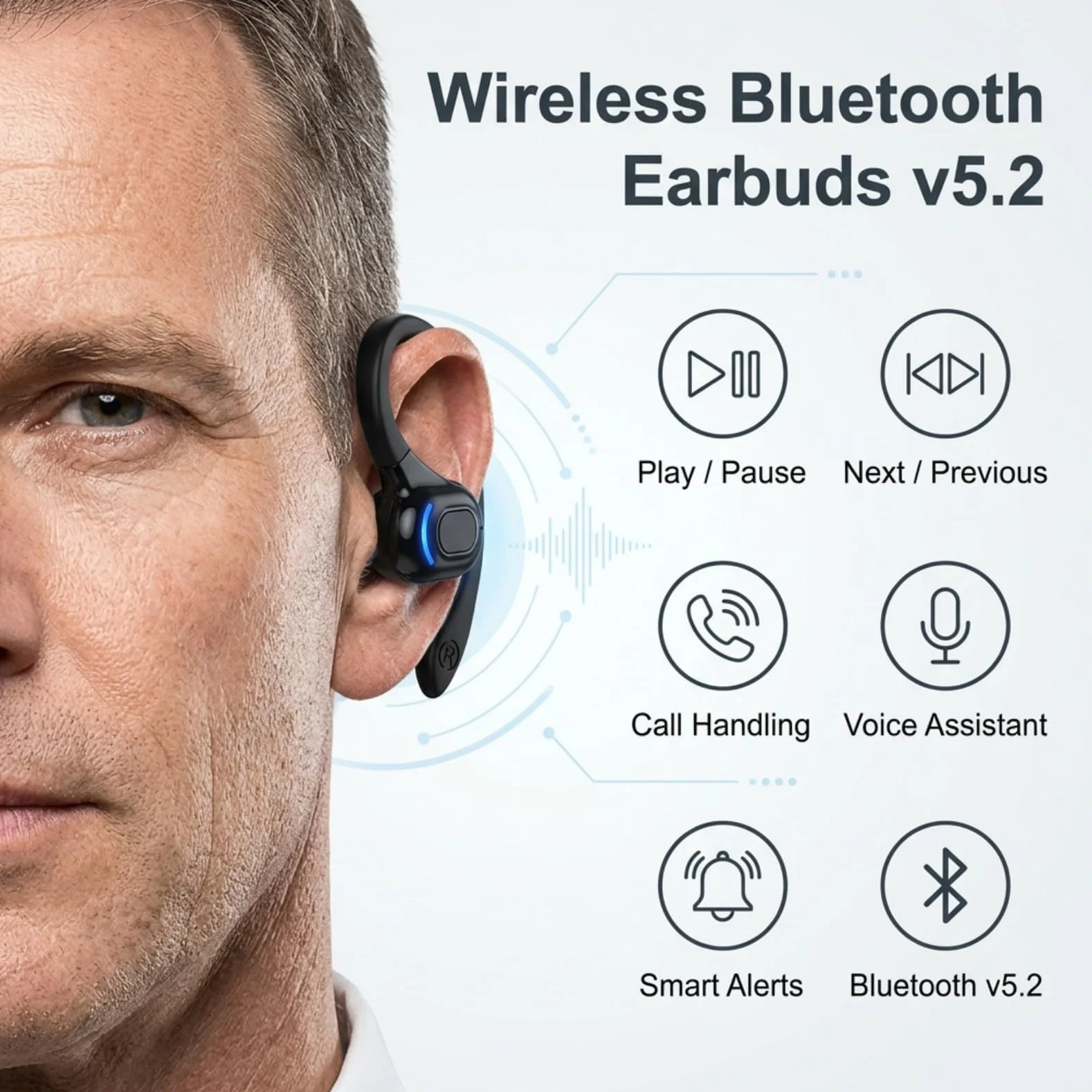 Oreillette Bluetooth Sans Fil V5.2 avec Micro Intégré, Écouteur Mono Main Libre Bluetooth, Tour d’Oreille 360°, Réduction de Bruit, 20 h d’Autonomie, Compatible avec iPhone, Android, Conduite, Sport