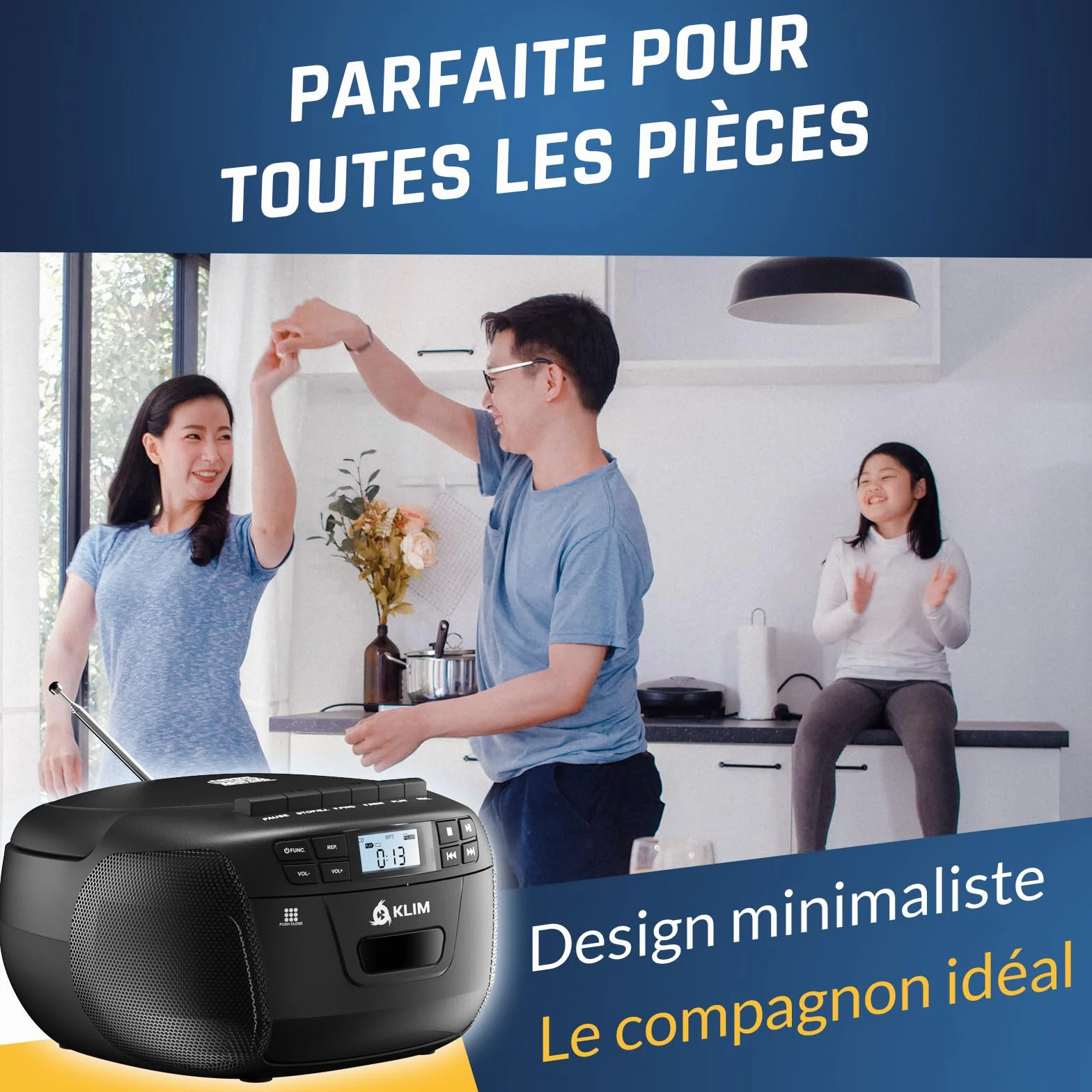 KLIM Lecteur CD Bluetooth Cassette Radio AM/FM Stéréo avec Télécommande Enregistrement USB AUX