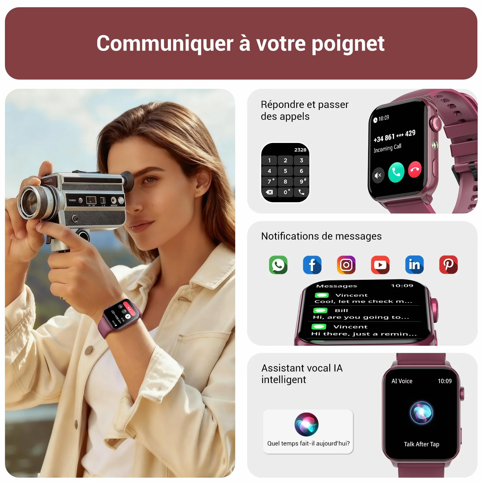 IOWODO Montre Connectée Femme, Appel Bluetooth, Écran 1.85" à LCD, Notifications Réseaux Sociaux, Cardiofréquence/Oxymètre/Analyse Sommeil, 100+ Modes Sports, pour Android& iOS(Violete)