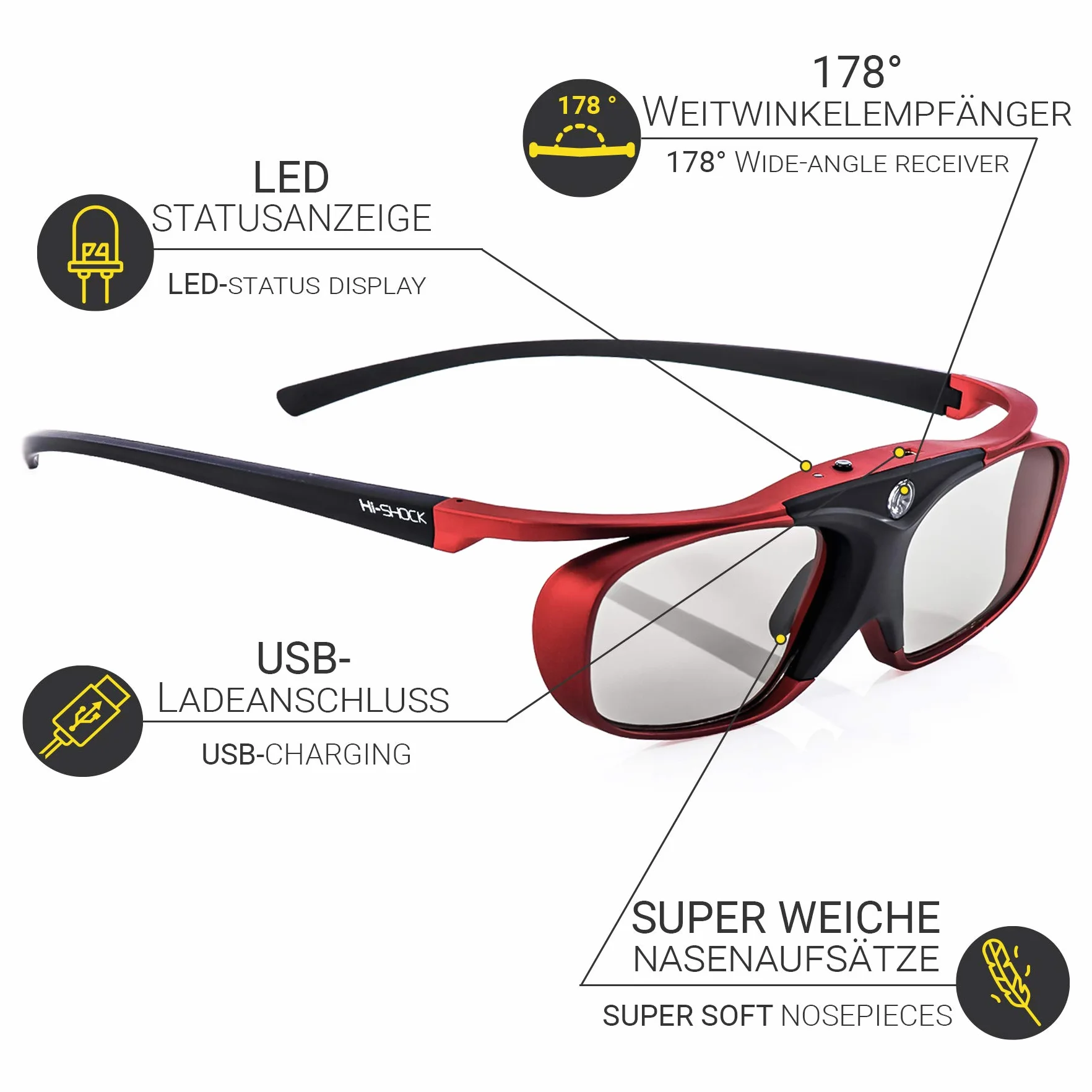 Hi-SHOCK RF Pro Scarlet Heaven Lunettes actives 3D pour vidéoprojecteurs 3D compatibles avec Sony, Epson, JVC - TDG-BT500A - TY-ER3D5ME / TY-ER3D6M - ELPGS03-120 Hz - rechargeables