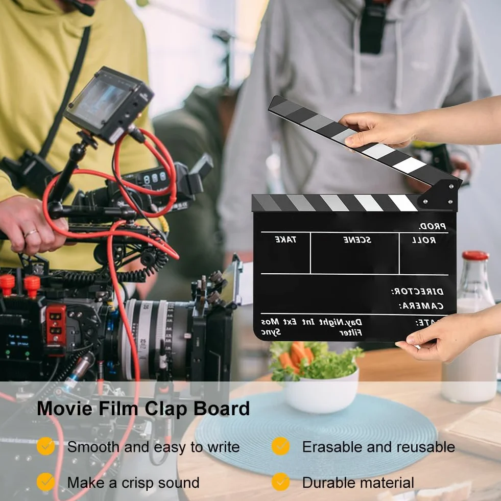 Clap de Cinéma 30 x 25cm,Acrylique Film Clapper,avec effaceur magnétique,2 stylos,Clap Cinéma pour Tournage Film,Tournage Vidéo
