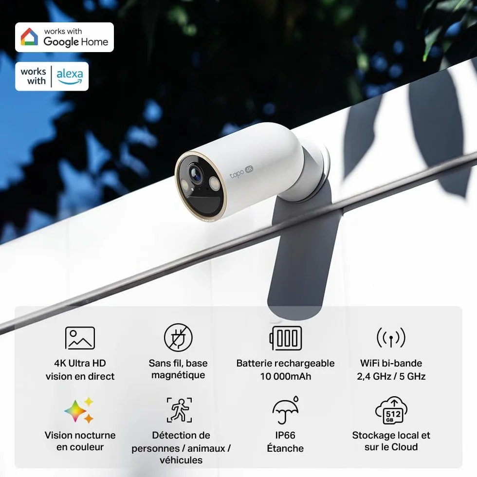 Tapo C460 Caméra de Surveillance Extérieure 4K 8MP, Batterie 10000mAh, Vision Nocturne Couleur Starlight, Wi-FI Dual-Band, Base Magnétique, Détection AI Gratuite