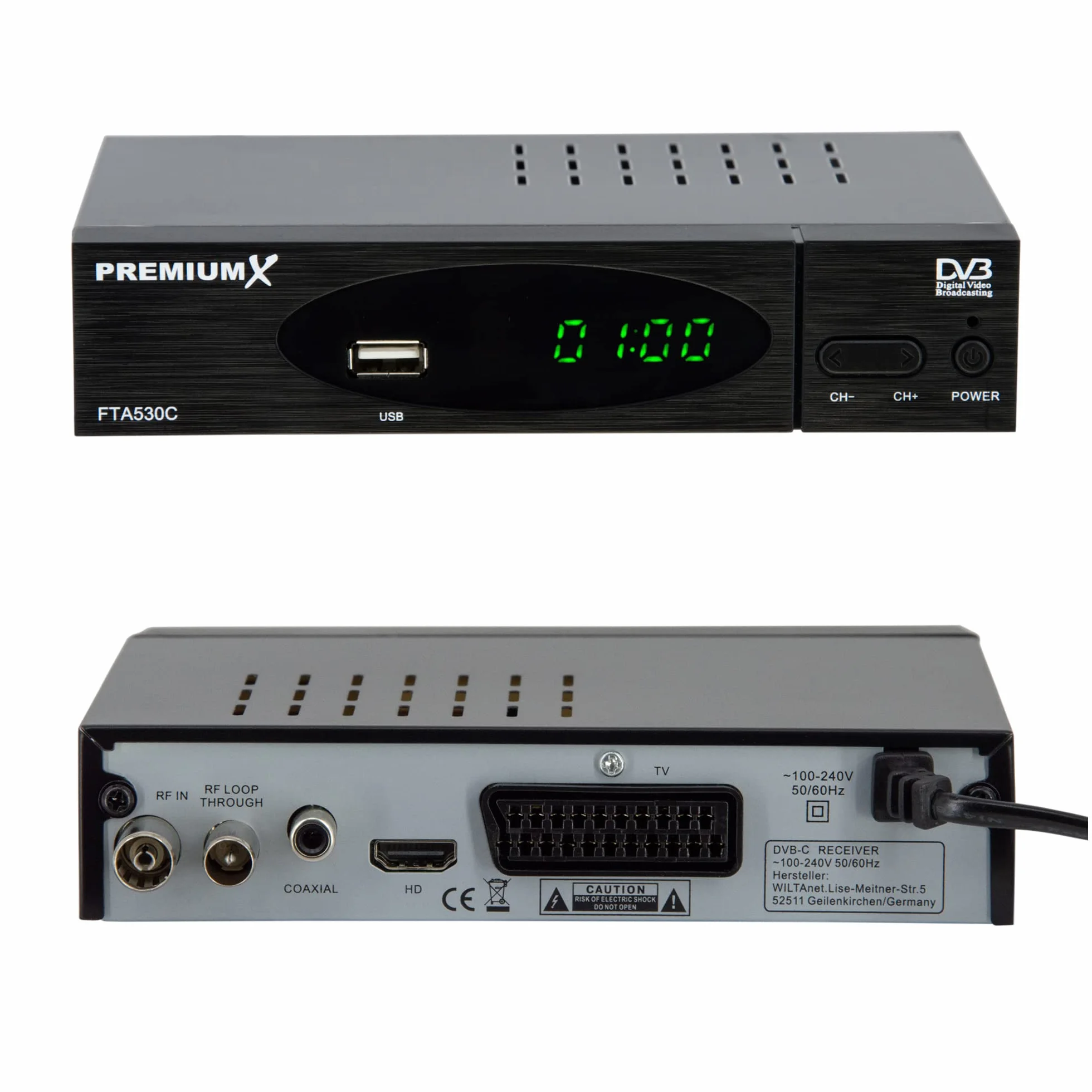PremiumX Récepteur de câble DVB-C FTA 530C TV numérique HD | Installation de Voiture Lecteur multimédia USB SCART HDMI WiFi en Option | Télévision par câble Convient à Tous Les fournisseurs de câbles