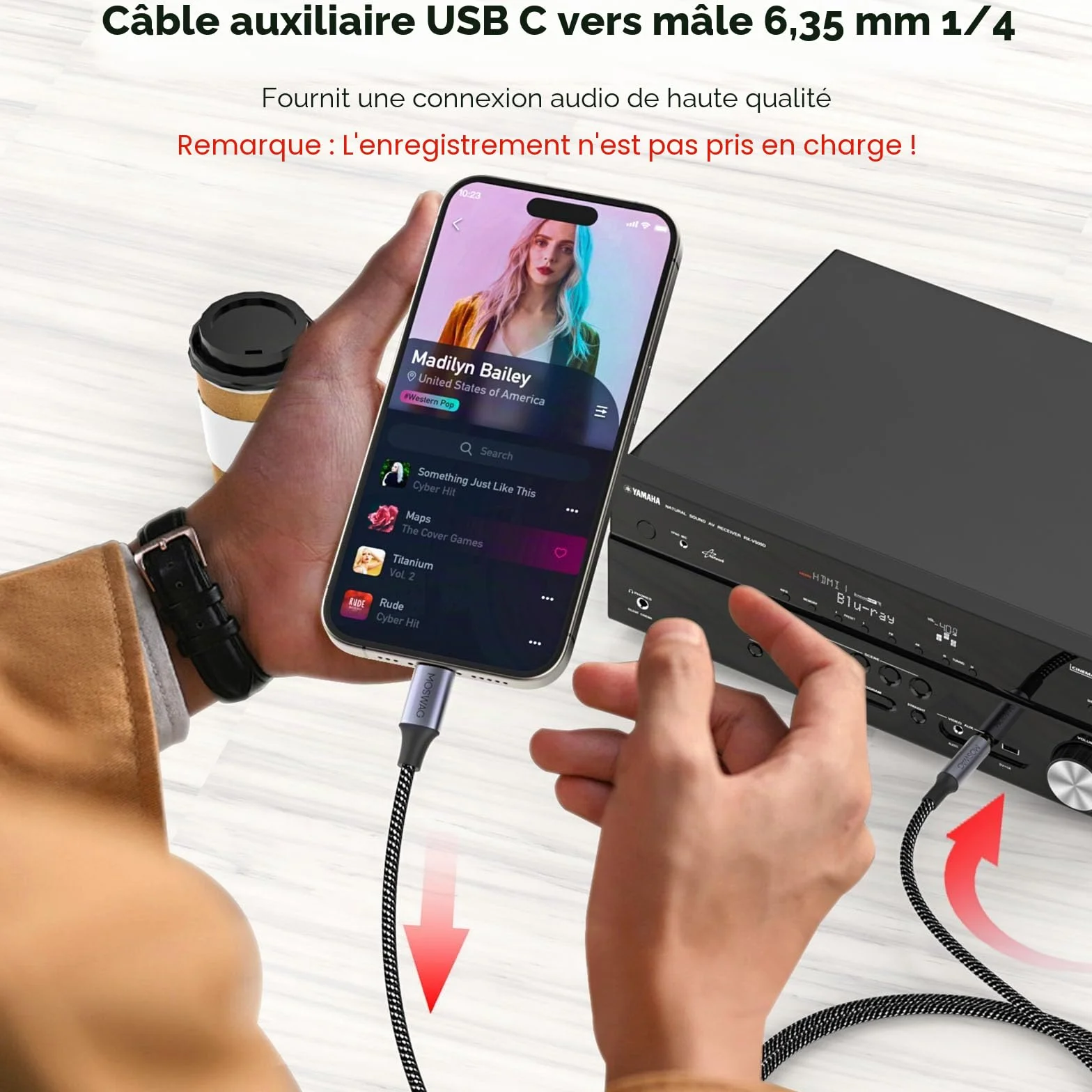MOSWAG Câble USB C vers 6.35mm TRS Mâle Auxiliaire Audio Stéréo, 6.35mm Adaptateur Aux Audio Jack pour Google Pixel 4XL, Galaxy Note, Haut parleurs, écouteurs, Table de Mixage et Plus