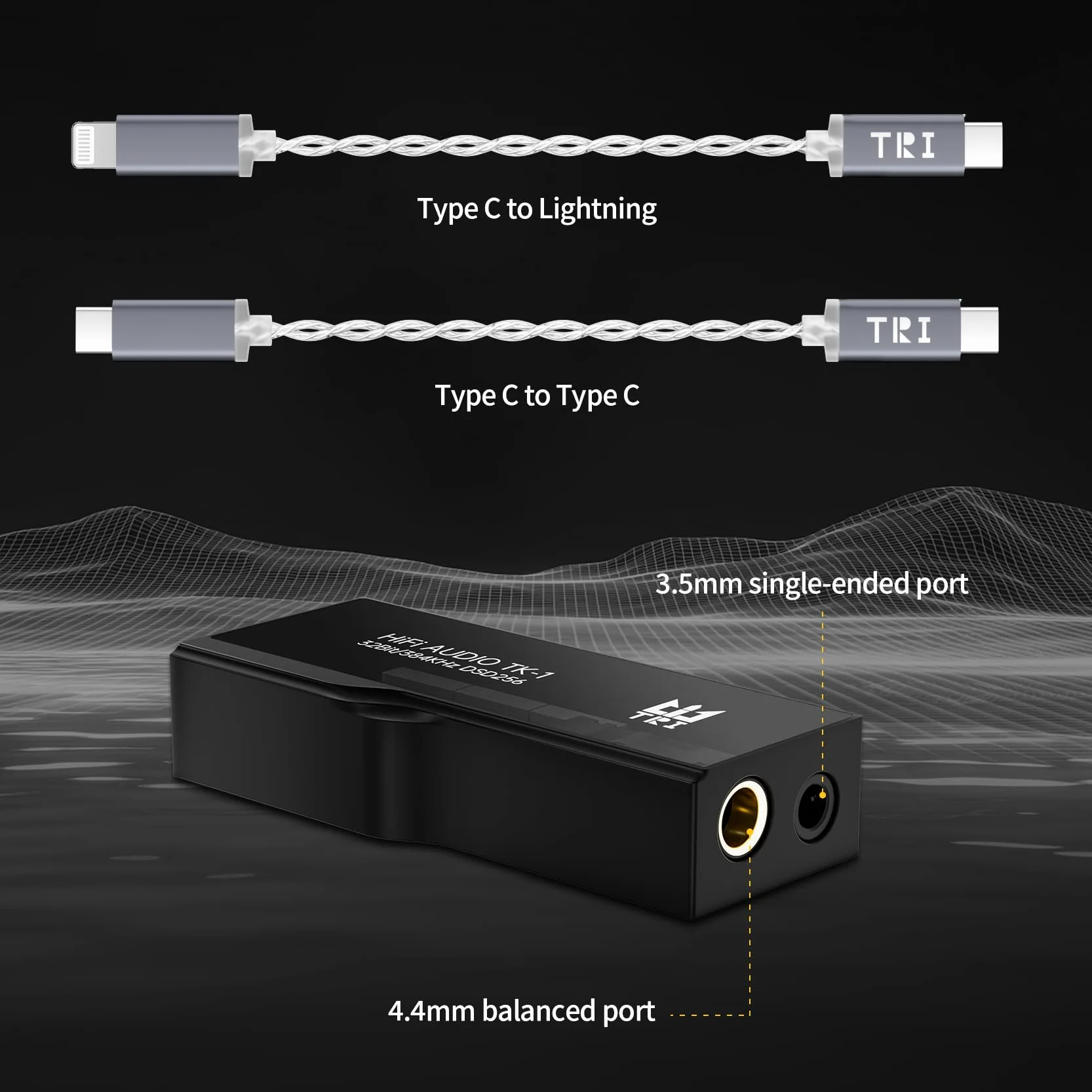 Yinyoo TRI TK1 Amplificateur de casque DAC portable à double puce CS43131 32 bits/384 kHz DSD256 pour audio Hi-Fi avec câble adaptateur USB-C vers USB-C pour prise de casque de 3,5 mm / 4,4 mm