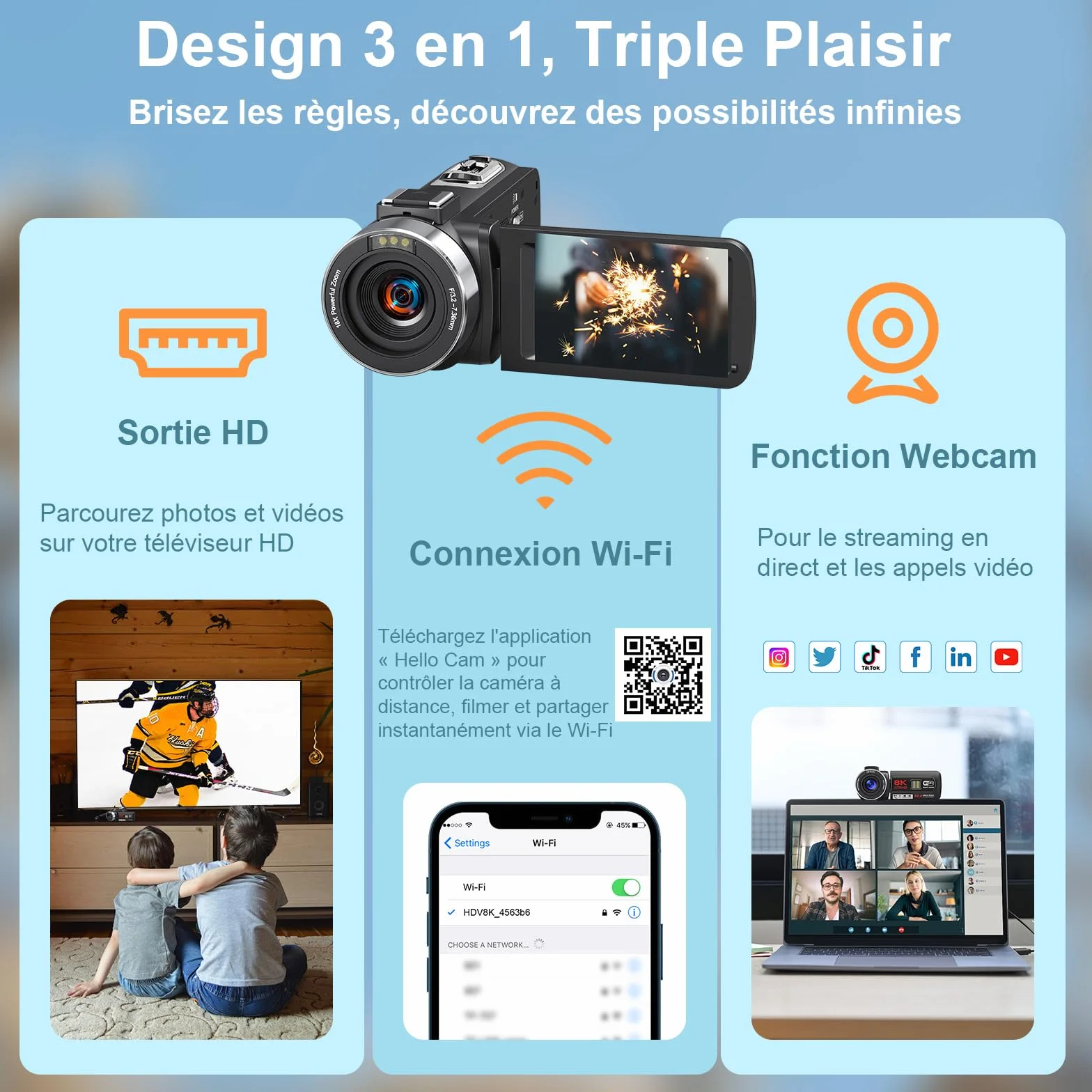 Caméscope Vidéo 8K 64MP Vlogging WiFi Vision Nocturne IR Écran Tactile 3" Zoom Numérique 18X avec Mic et Télécommande