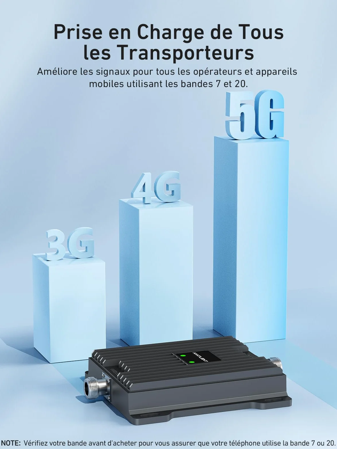 Amplificateur Reseau Mobile 4G LTE 3G GSM 2G Amplificateur 4G pour Bande 20 Bande 7, Répéteur 4G Données 800Mhz 2600Mhz, Compatible avec Telecom Free, Orange, SFR, Bouygues