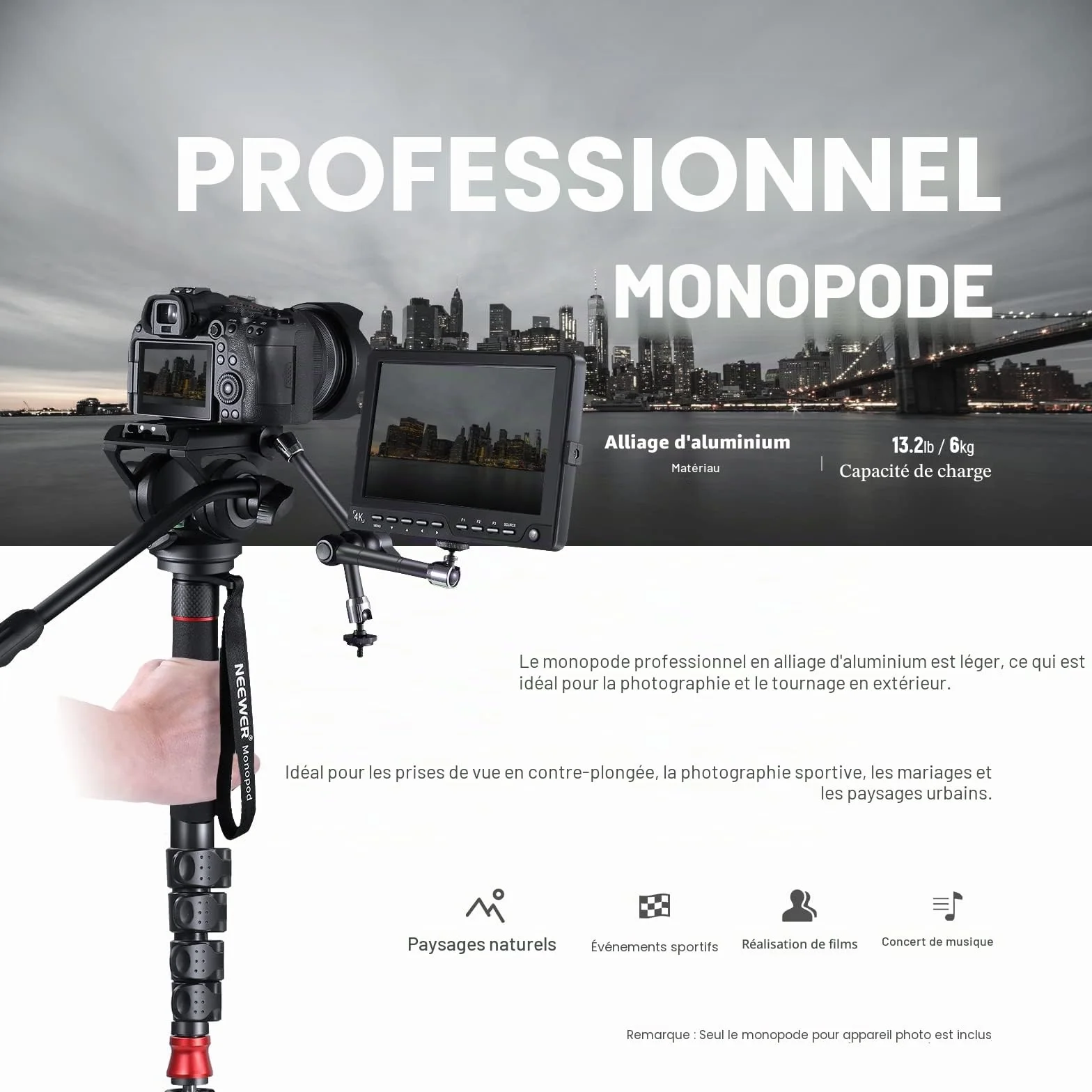 NEEWER GM76 Monopode professionnel pour appareil photo avec pieds, télescopique, portable, en aluminium, tête fluide, inclinable, pied amovible, pour appareil photo reflex numérique, charge maximale 6