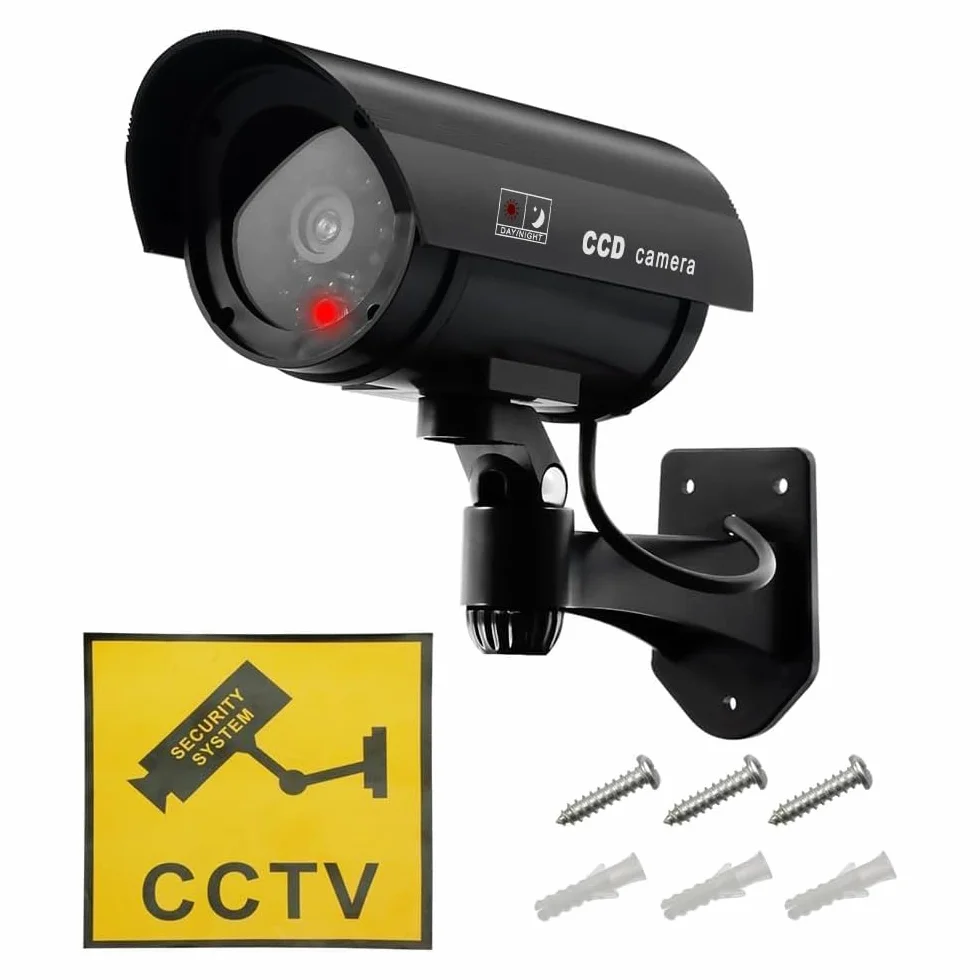 ERWEY Lot de 4 Caméras Factices pour Extérieur & Intérieur, Fausse Caméra de Surveillance CCTV avec LED Clignotante (4Pcs Noir)