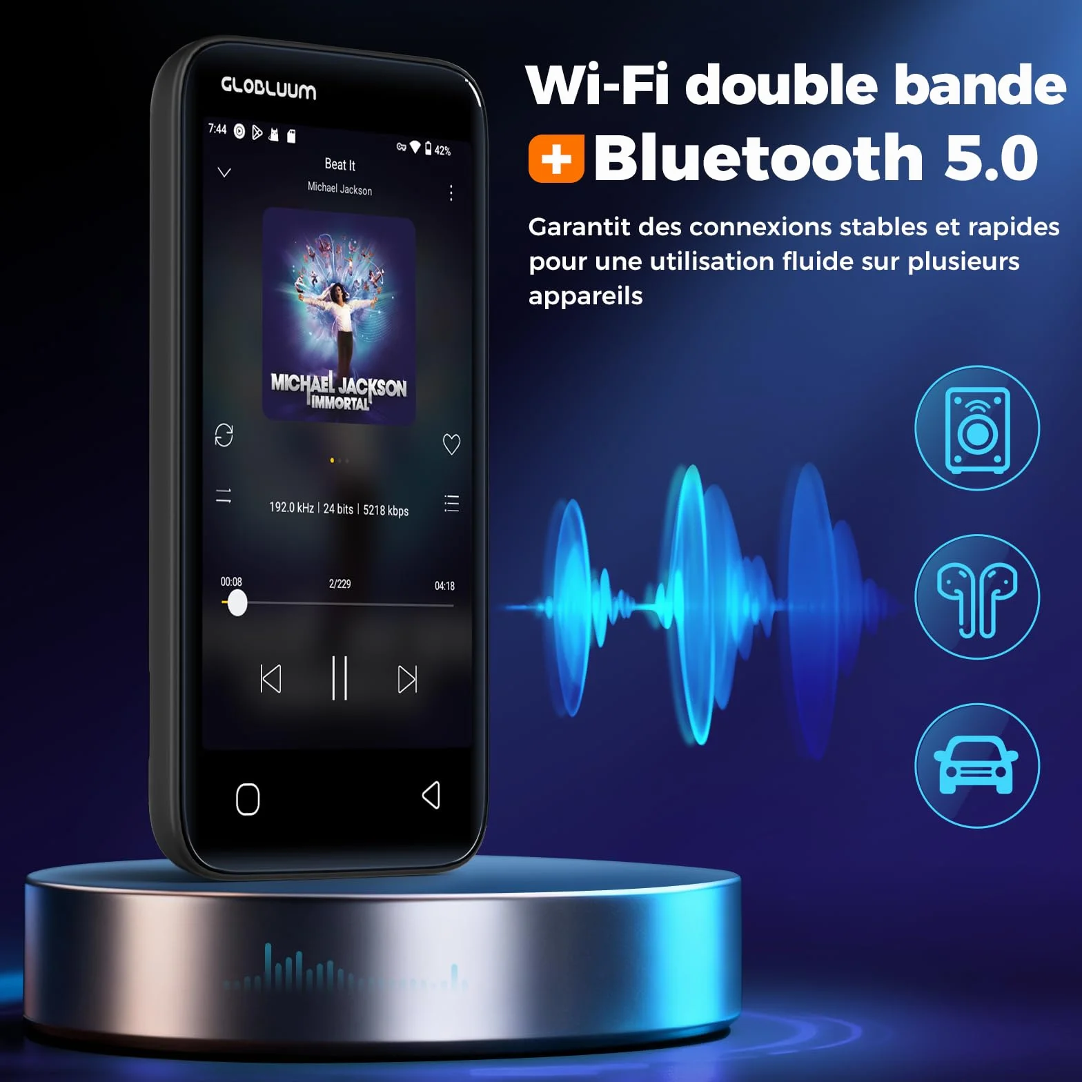Lecteur MP3 96 Go Bluetooth 5.0 WiFi Compatible Spotify Android écran Tactile 4 Pouces Son HiFi Radio FM