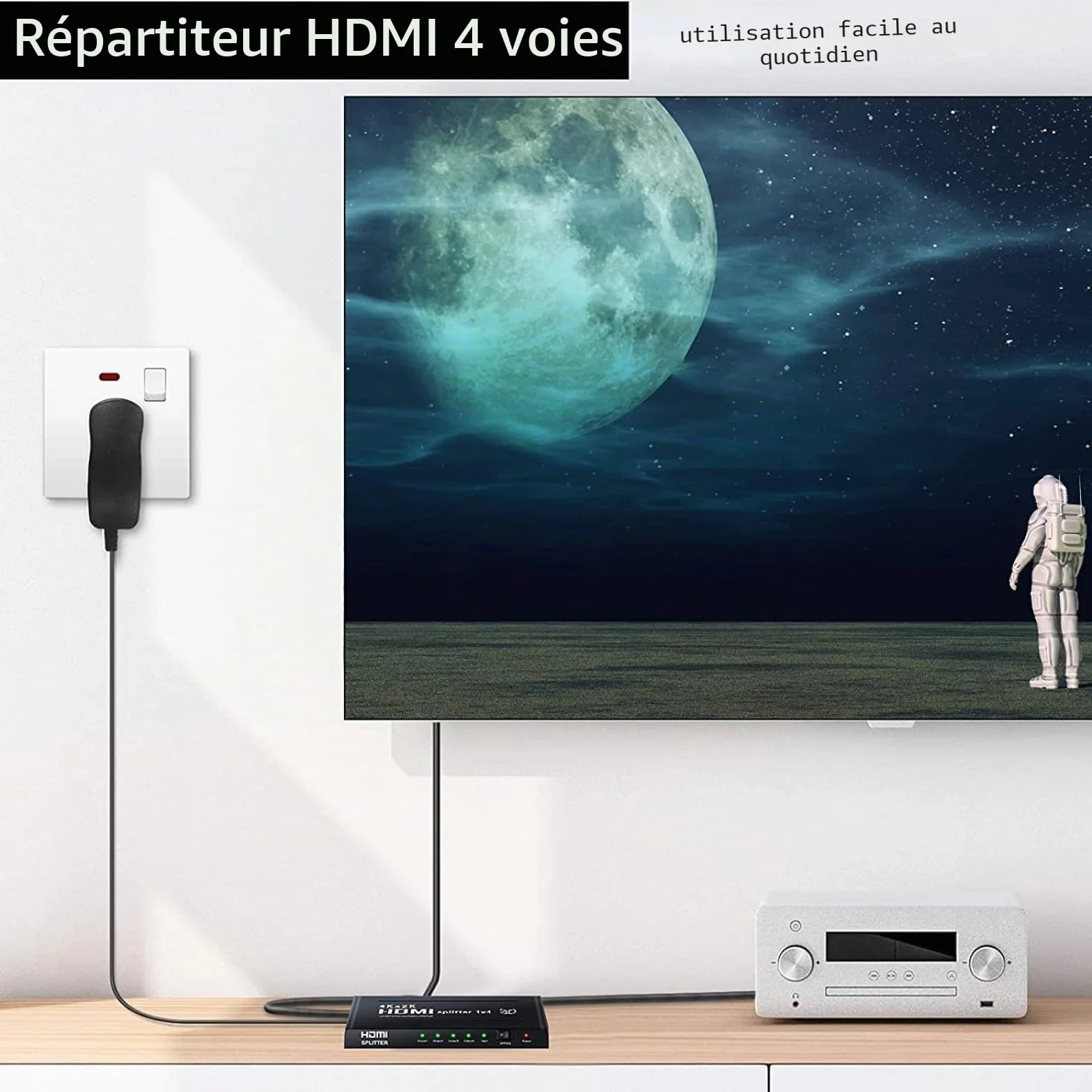 1x4 Splitter HDMI,Ozvavzk Répartiteur HDMI 3D 1 Entrée 4 Sorties Distributeur HDMI Soutien 4K Supporte PC Box HDTV DVD Multimédia Écran Projecteur