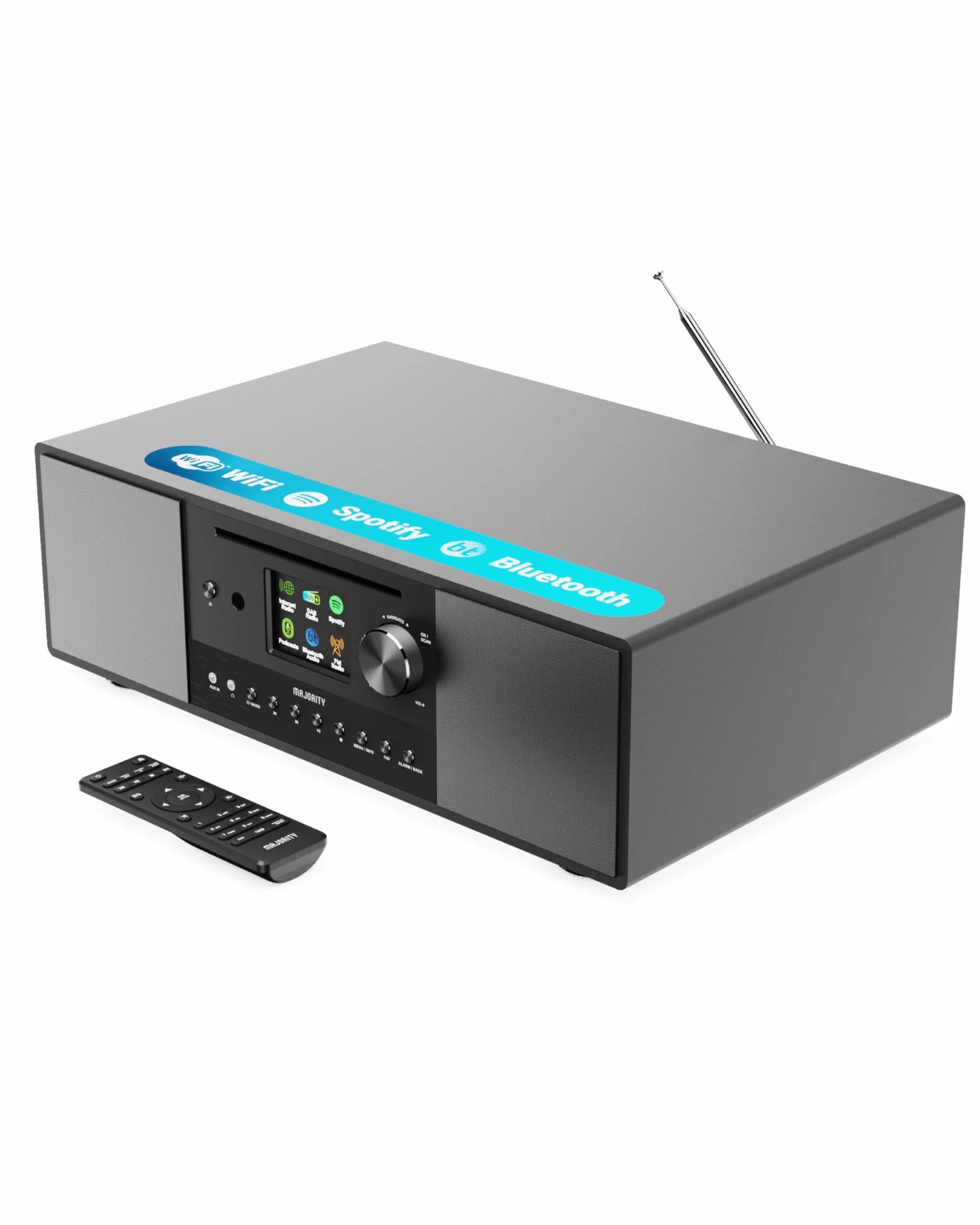 Radio Internet, Lecteur CD, Radio FM Dab+ et Caisson de Basses Puissant | Système Stéréo 2.1 120W | Bluetooth Activé | Spotify Connect et Podcasts | MAJORITY Quadriga
