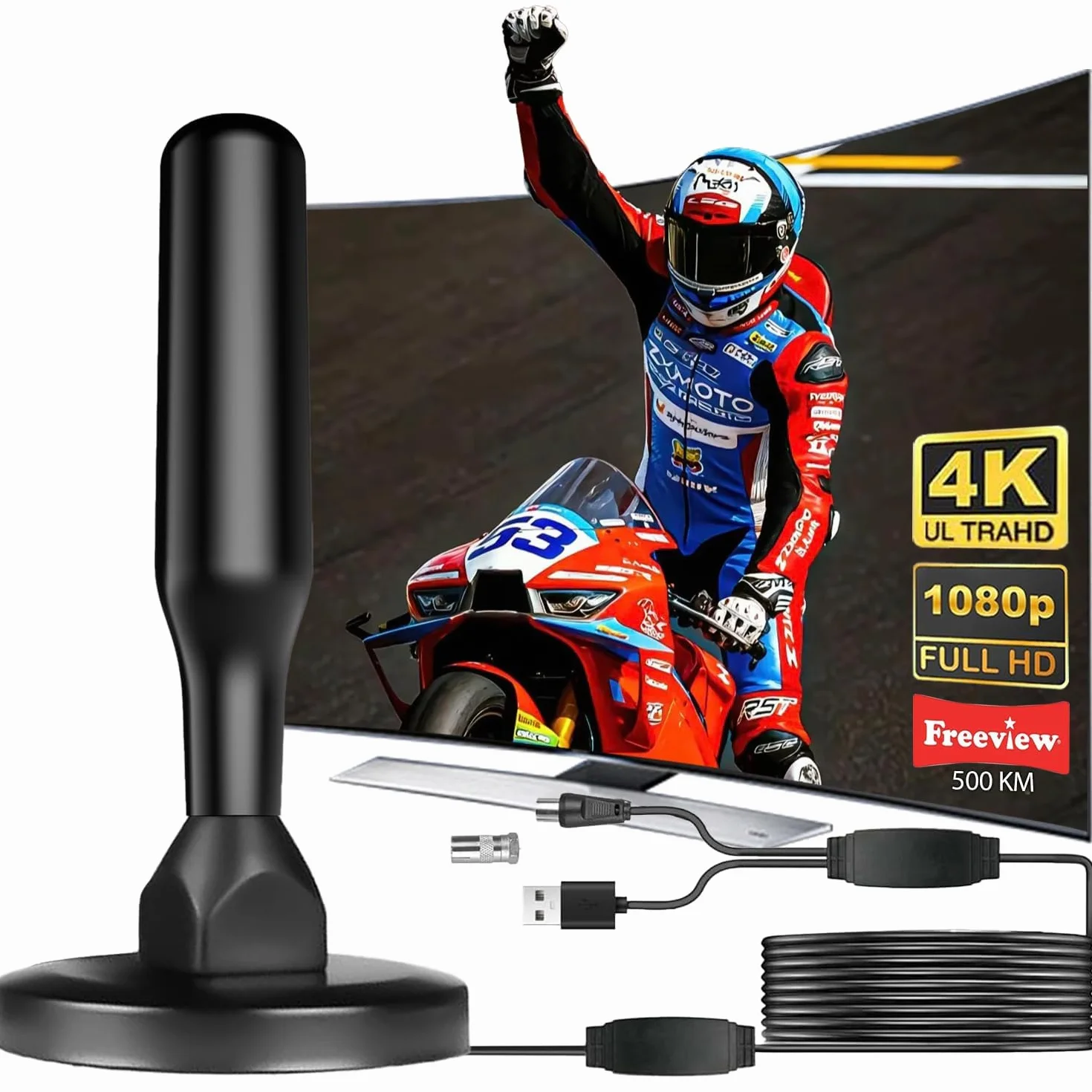 Antenne TV Intérieur Puissante, Nouveau pour 2026 Antenne TNT HD avec Amplificateur de Signal Intelligent, Réception 360° Longue Portée 500km, Support 4K HD/1080P Les Chaînes Gratuites per HDTV