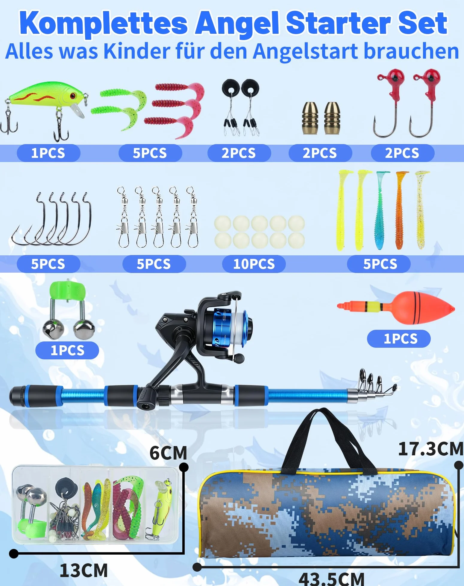 Set de Pêche Enfant 1,8 m – Canne à Pêche Télescopique avec Moulinet, Kit Complet pour Débutants, Sac de Transport Inclus