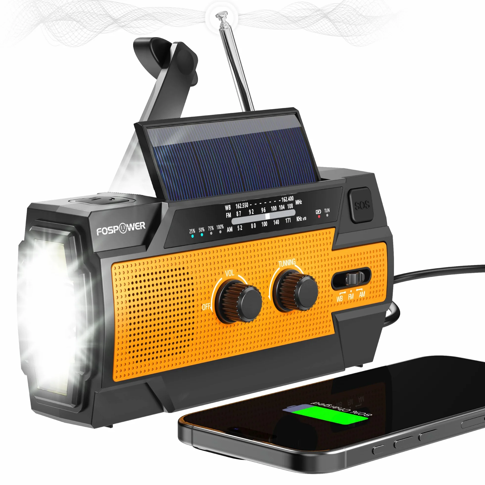 FosPower Radio d'urgence Météo 4000mAh A3 Solaire Manivelle Piles AM/FM Lampe LED Alarme SOS Orange
